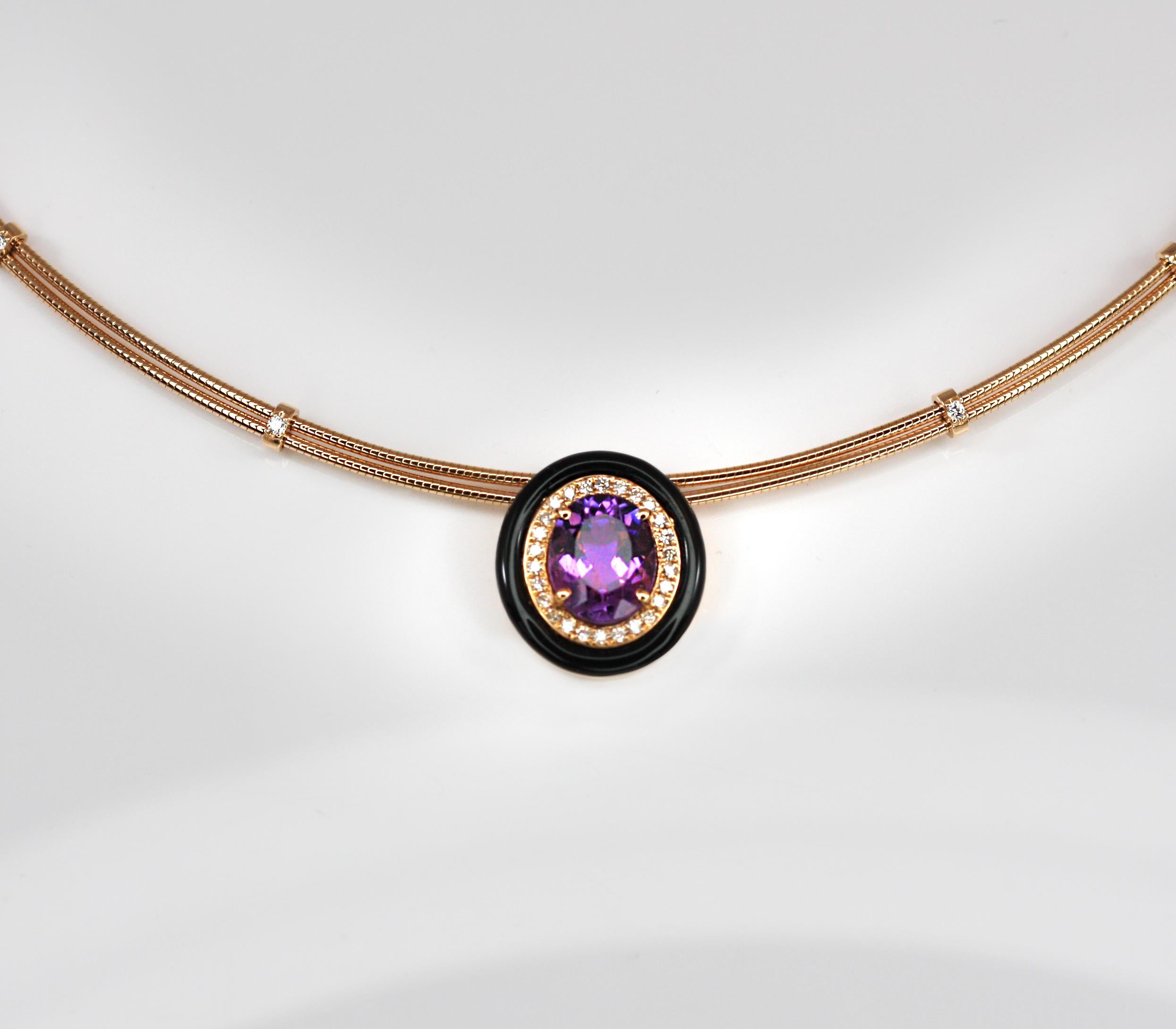 Modern Georgios Collections 18 Karat Gold Amethyst Enamel and Diamond Pendant Necklace For Sale