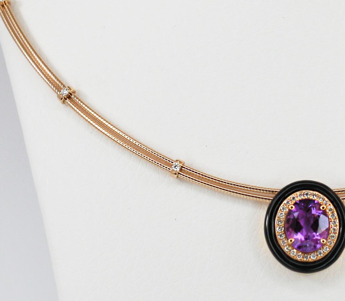 Georgios Collections 18 Karat Gold Amethyst Enamel and Diamond Pendant Necklace In New Condition For Sale In Astoria, NY