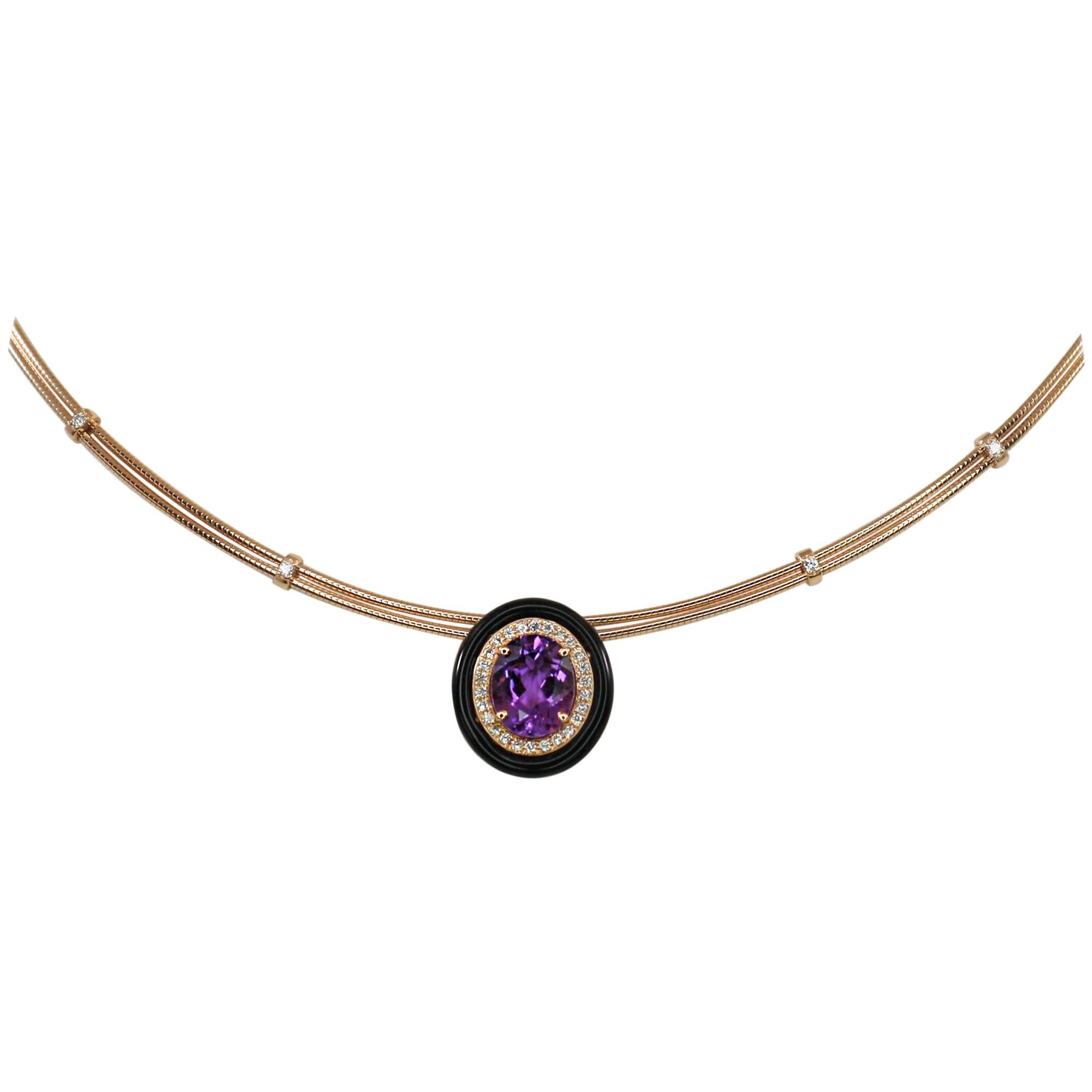 Georgios Collections 18 Karat Gold Amethyst Enamel and Diamond Pendant Necklace For Sale