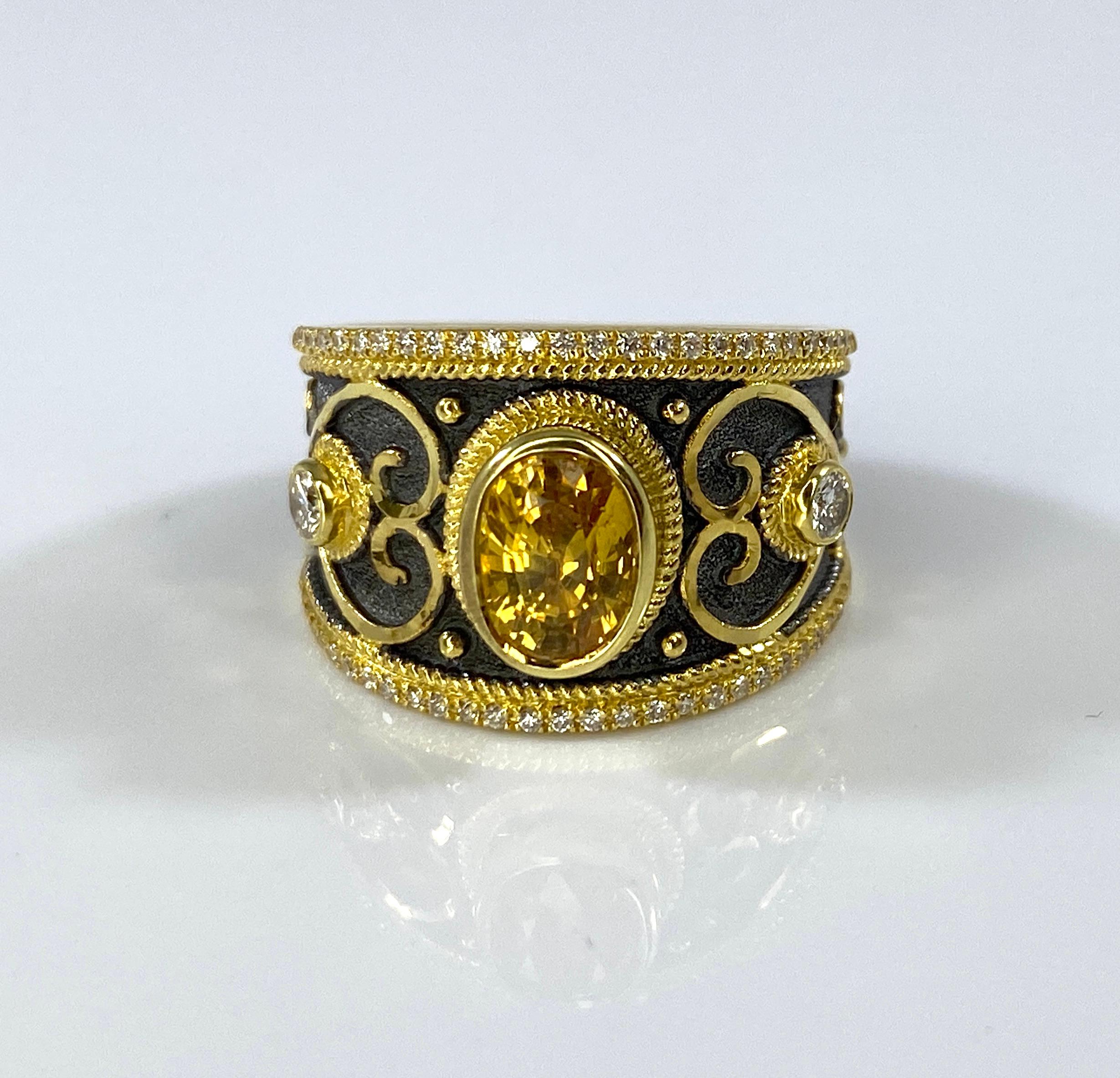 Georgios Collections 18 Karat Gold and Rhodium Yellow Sapphire and Diamond Ring For Sale 6