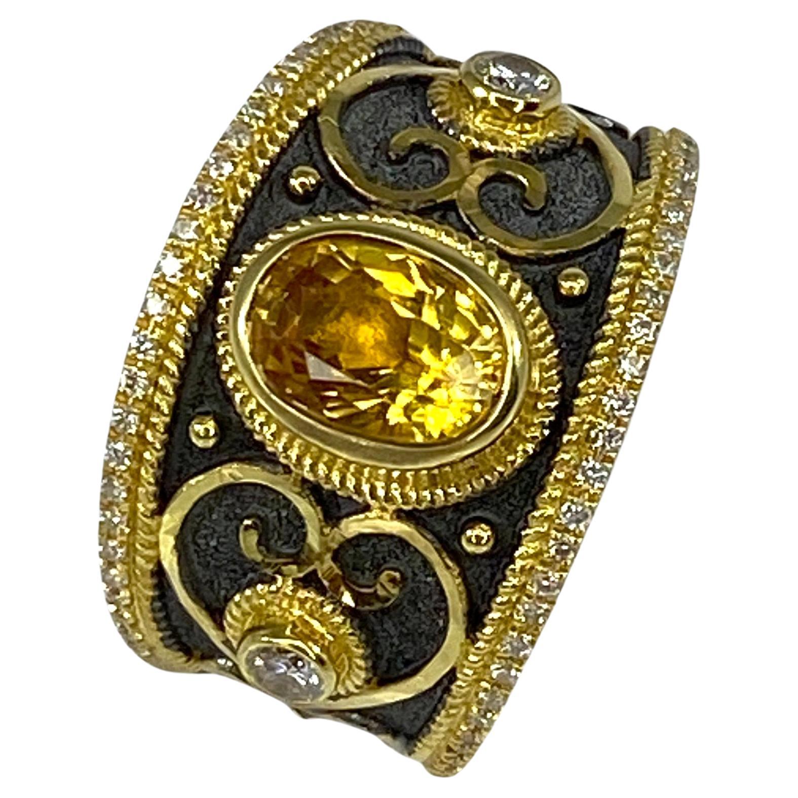 Georgios Collections 18 Karat Gold and Rhodium Yellow Sapphire and Diamond Ring For Sale 2