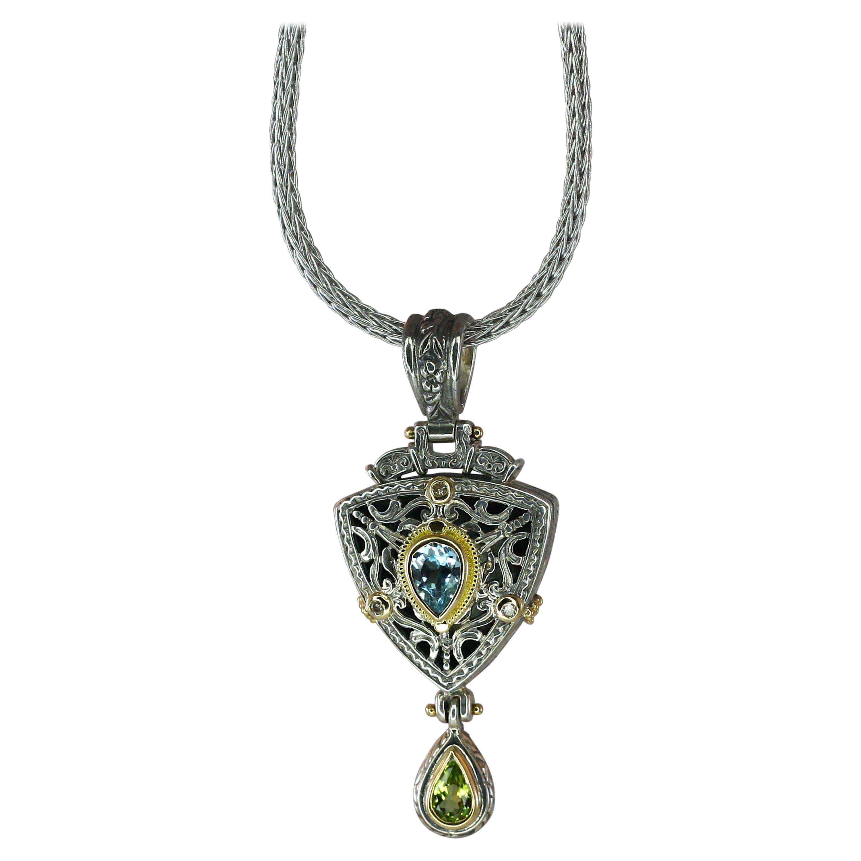 Georgios Collections 18 Karat Gold and Silver Aquamarine and Peridot Pendant