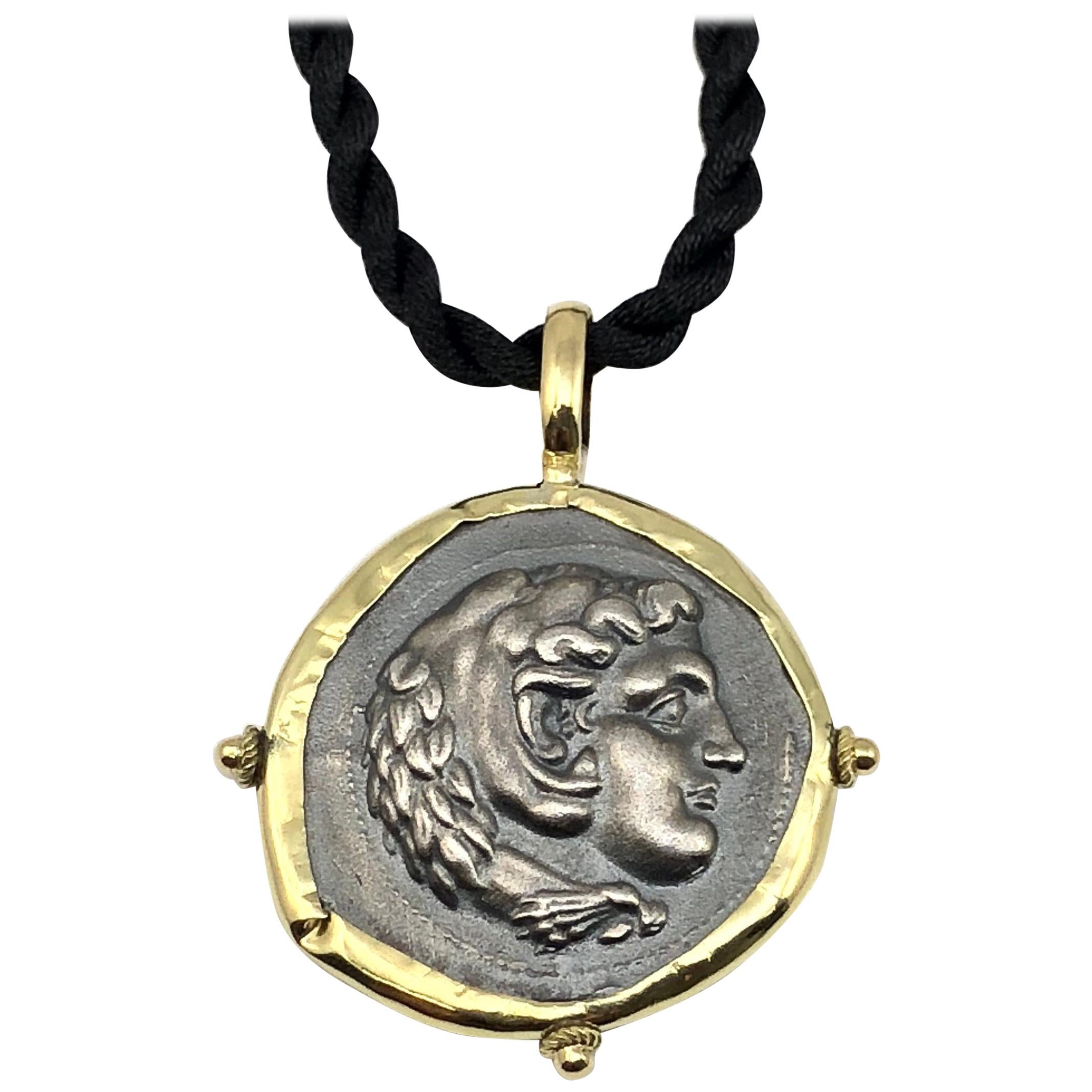 Georgios Collections 18 Karat Gold and Silver Coin Pendant Necklace Of Hercules