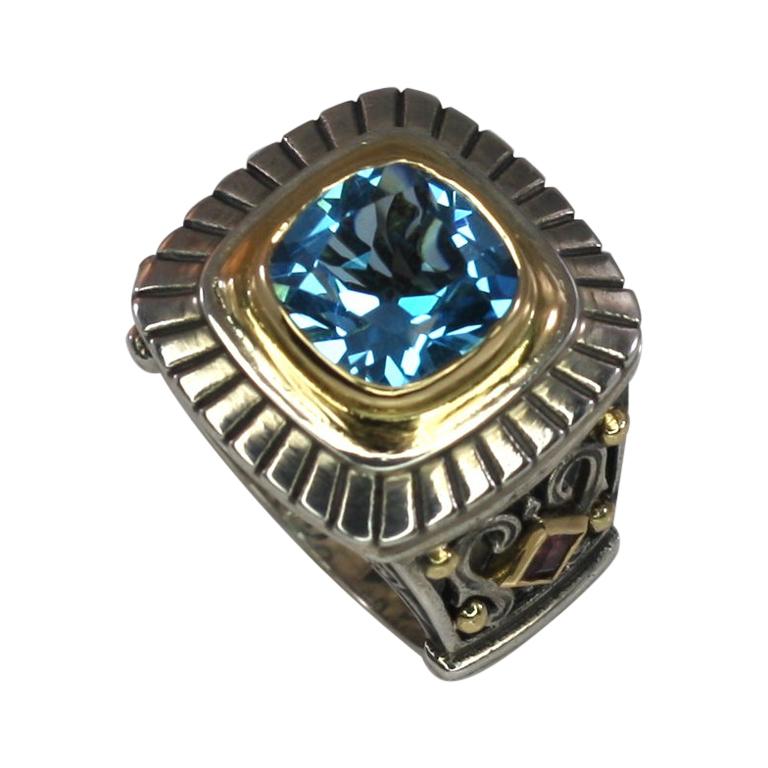 Georgios Collections Bague à anneau solitaire en or 18 carats et argent avec topaze bleu ciel
