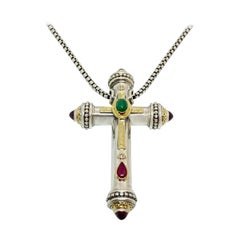 Georgios Collections 18 Karat Gold and Silver Diamond and Multi-Color Long Cross