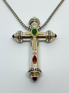 Georgios Collections 18 Karat Gold and Silver Diamond and Multi-Color Long Cross