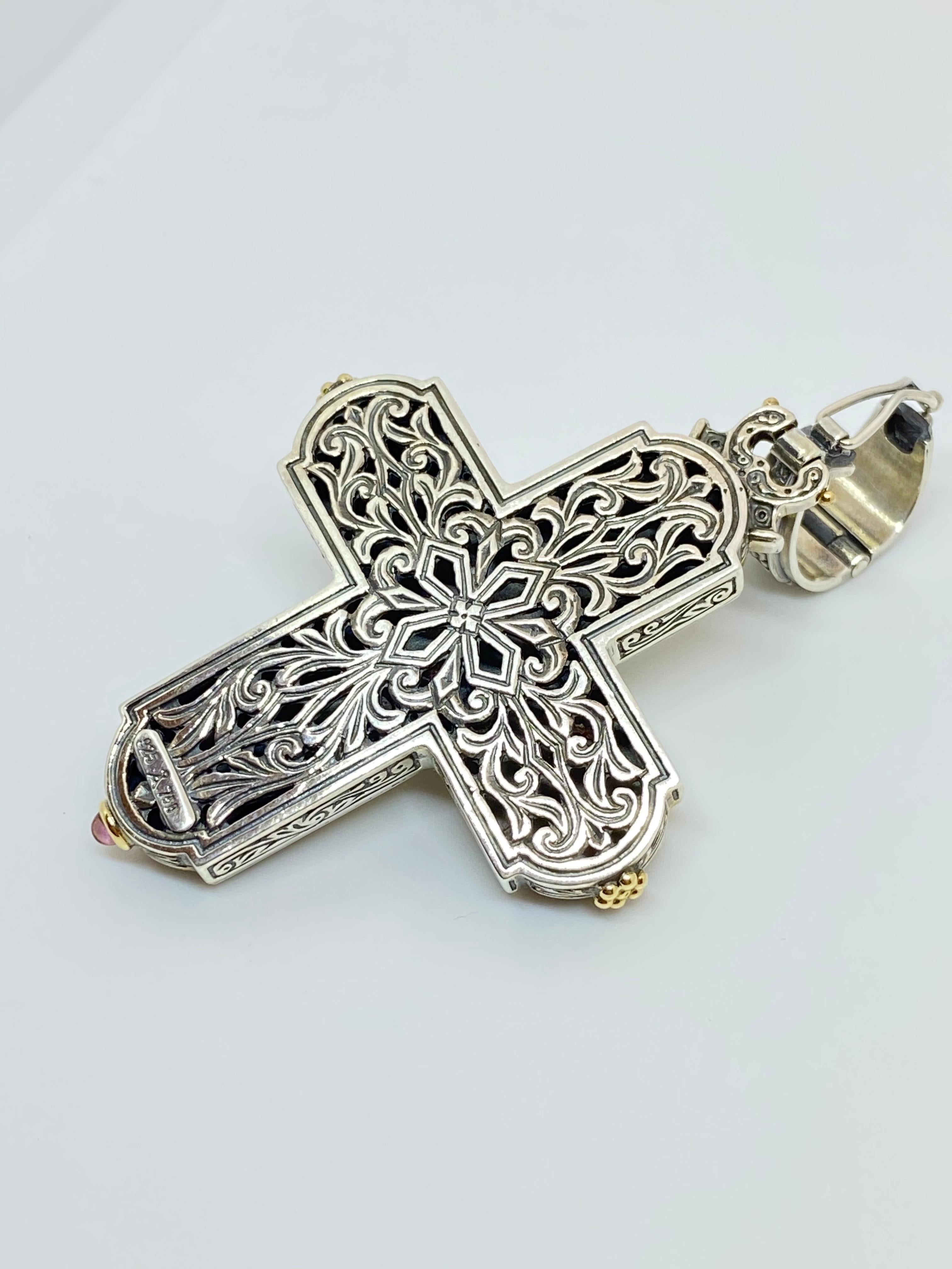 Georgios Collections 18 Karat Gold and Silver Diamond and Ruby Cross Pendant For Sale 2