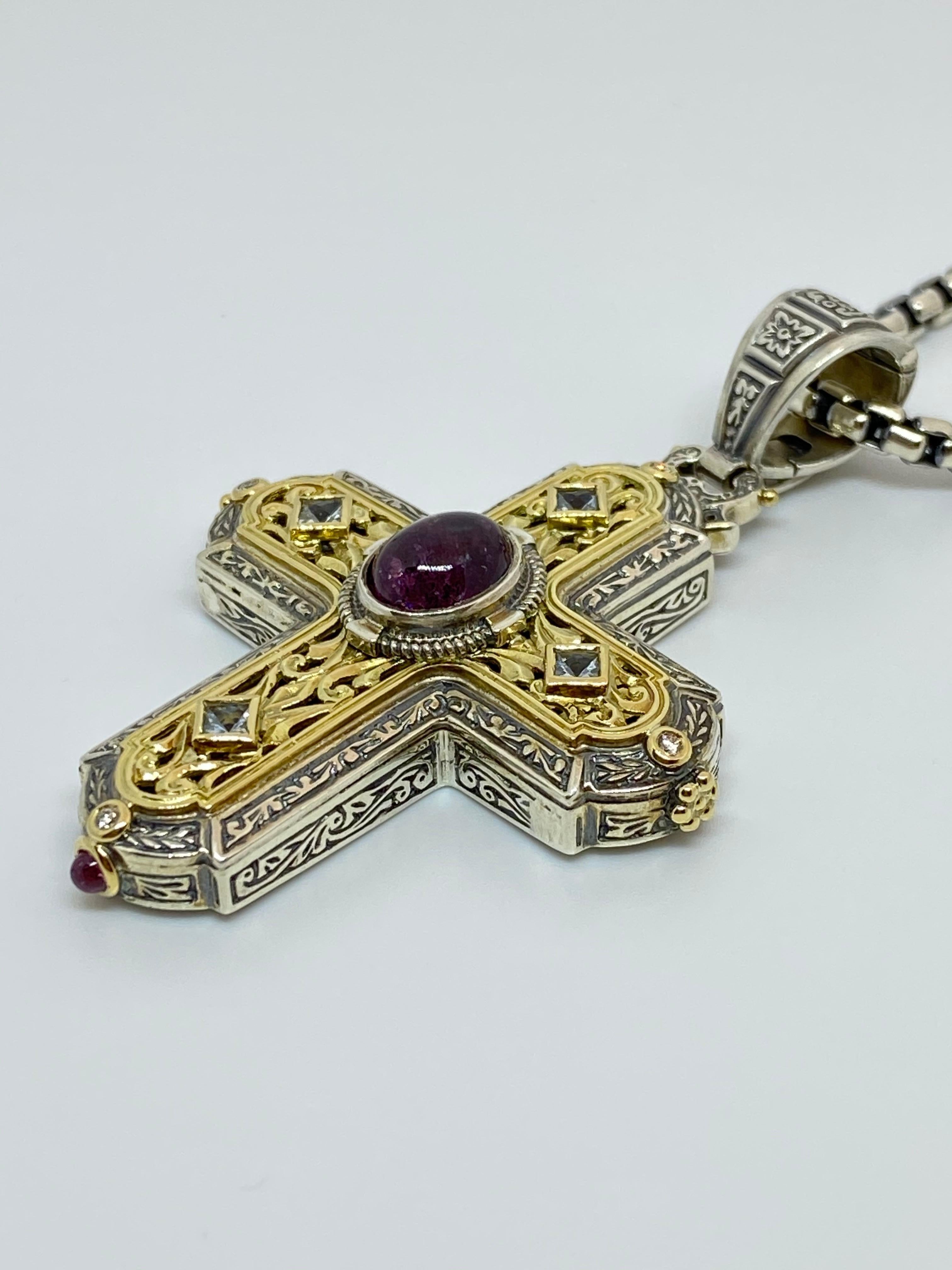 Georgios Collections 18 Karat Gold and Silver Diamond and Ruby Cross Pendant For Sale 6