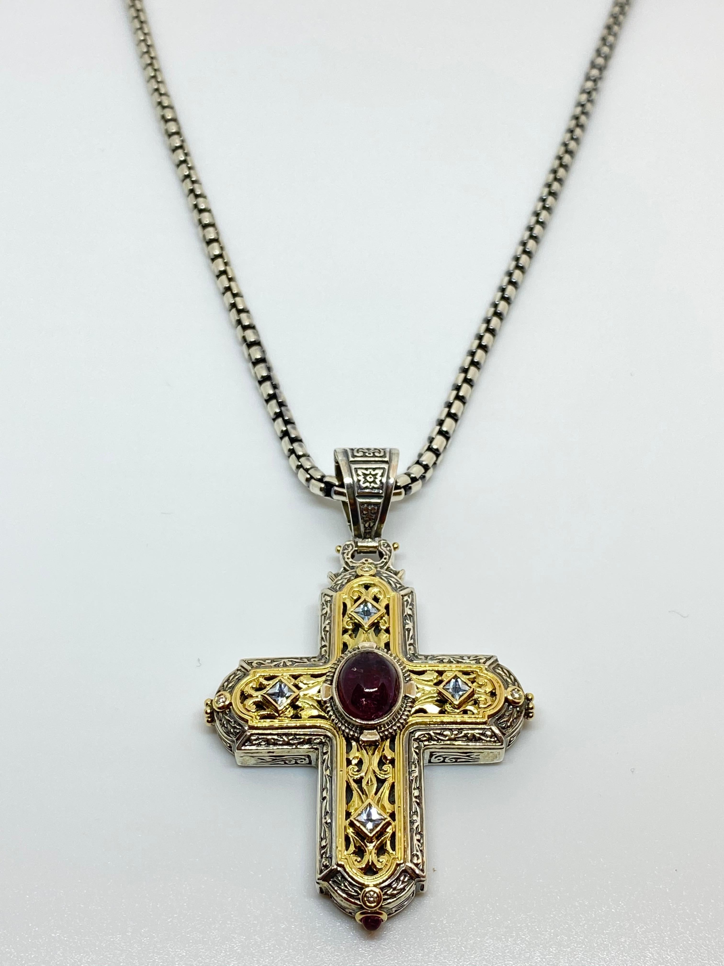 Georgios Collections 18 Karat Gold and Silver Diamond and Ruby Cross Pendant For Sale 7