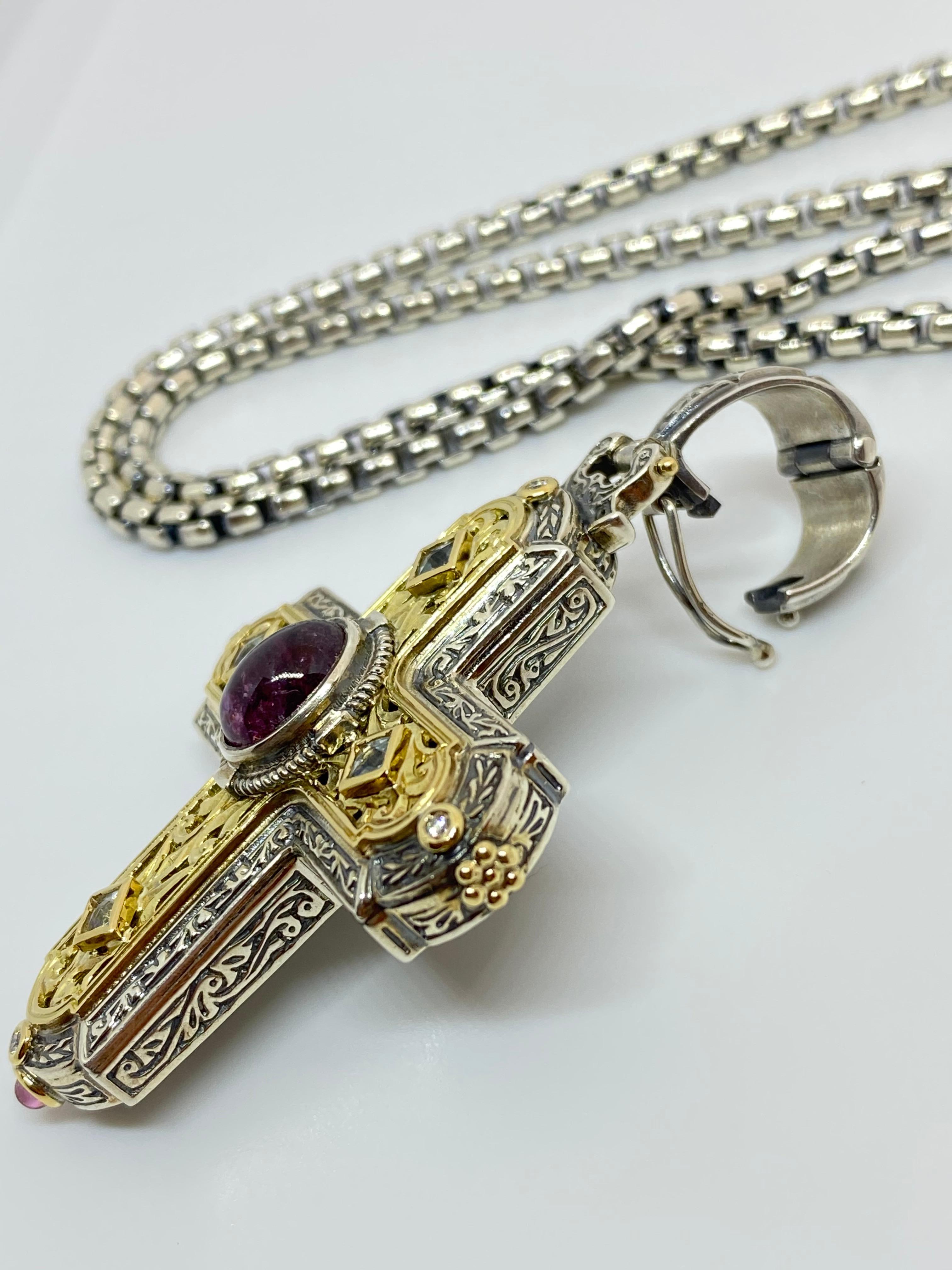 Cabochon Georgios Collections 18 Karat Gold and Silver Diamond and Ruby Cross Pendant For Sale