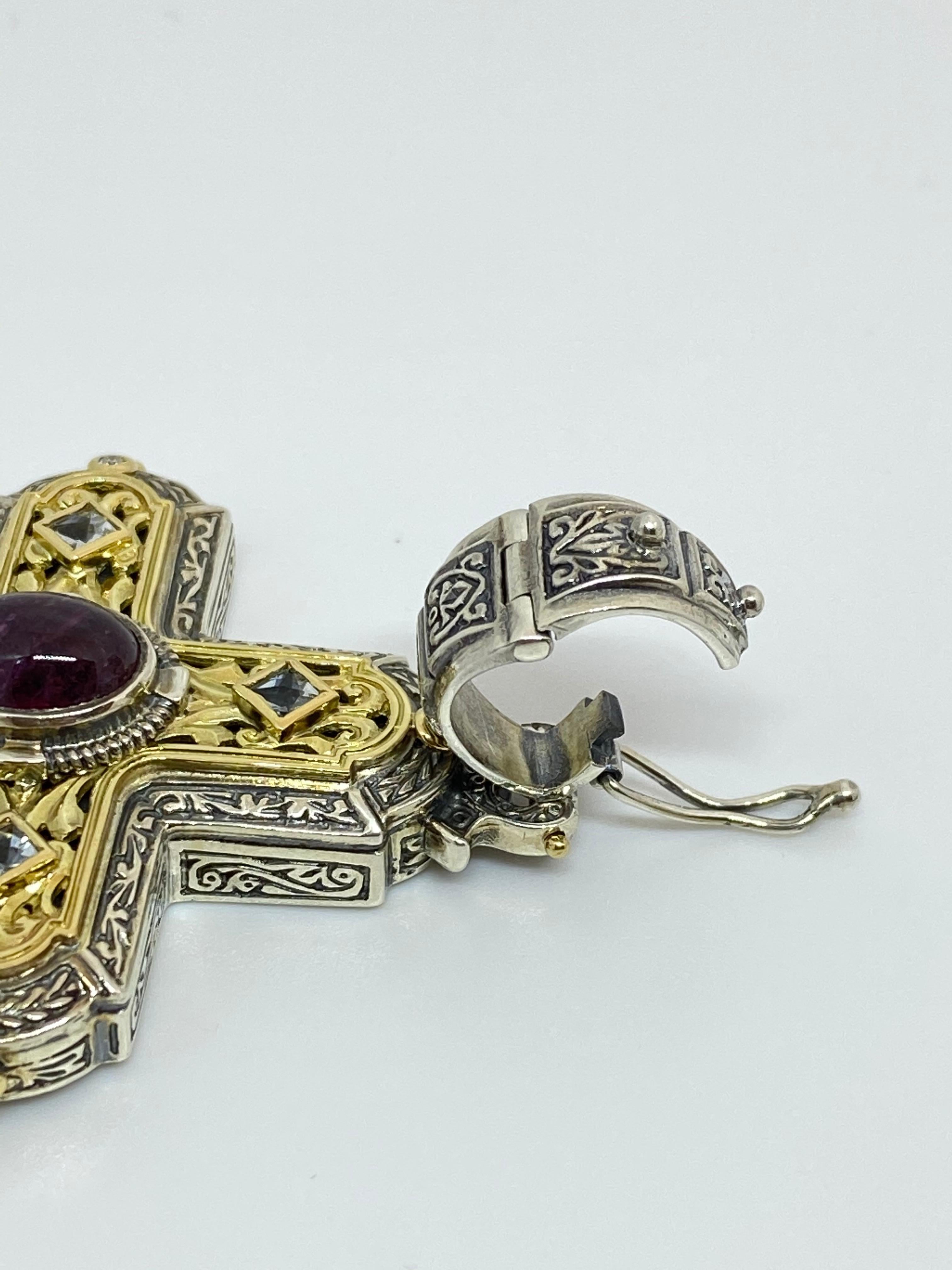 Contemporary Georgios Collections 18 Karat Gold and Silver Diamond and Ruby Cross Pendant For Sale