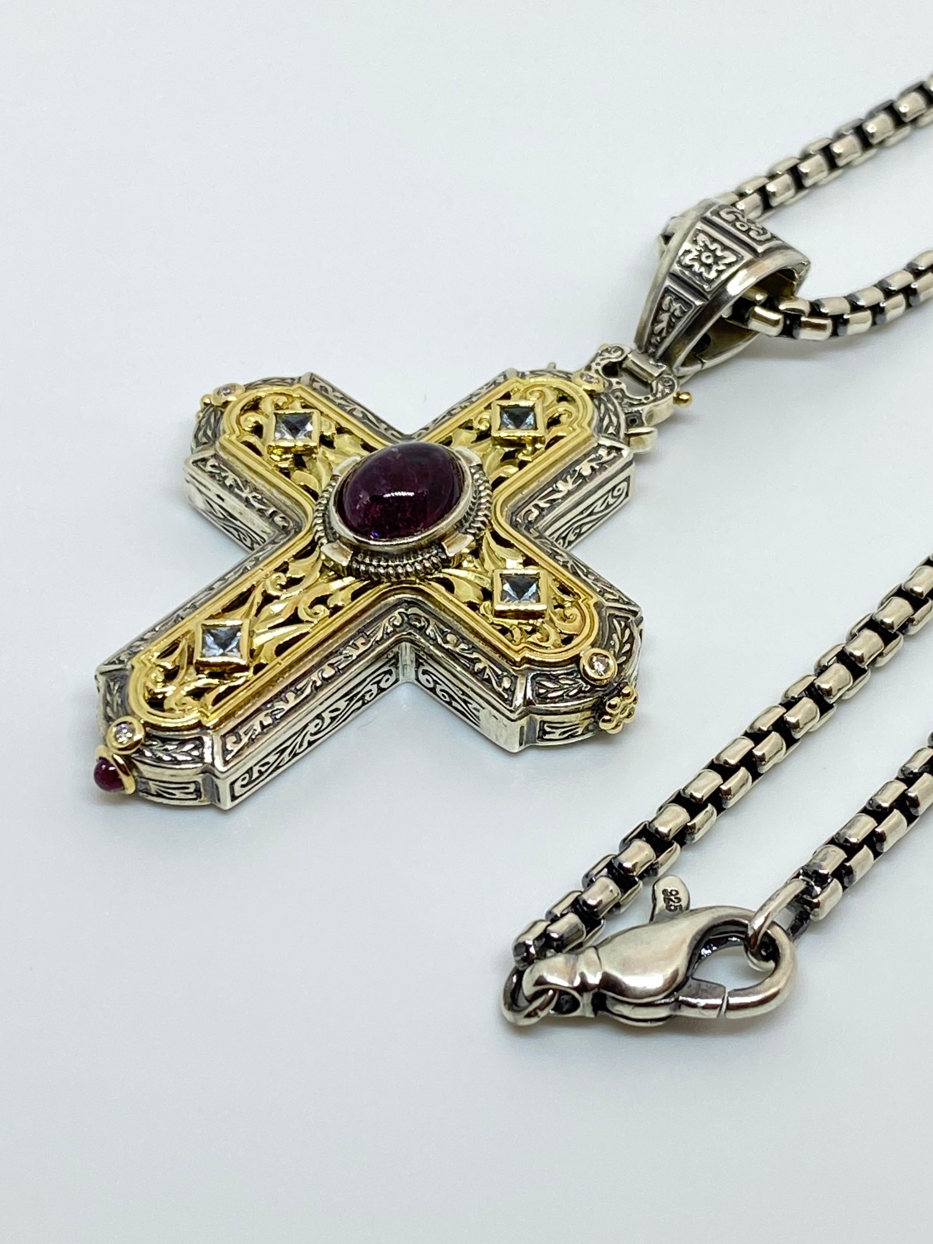 Georgios Collections 18 Karat Gold and Silver Diamond and Ruby Cross Pendant For Sale 4