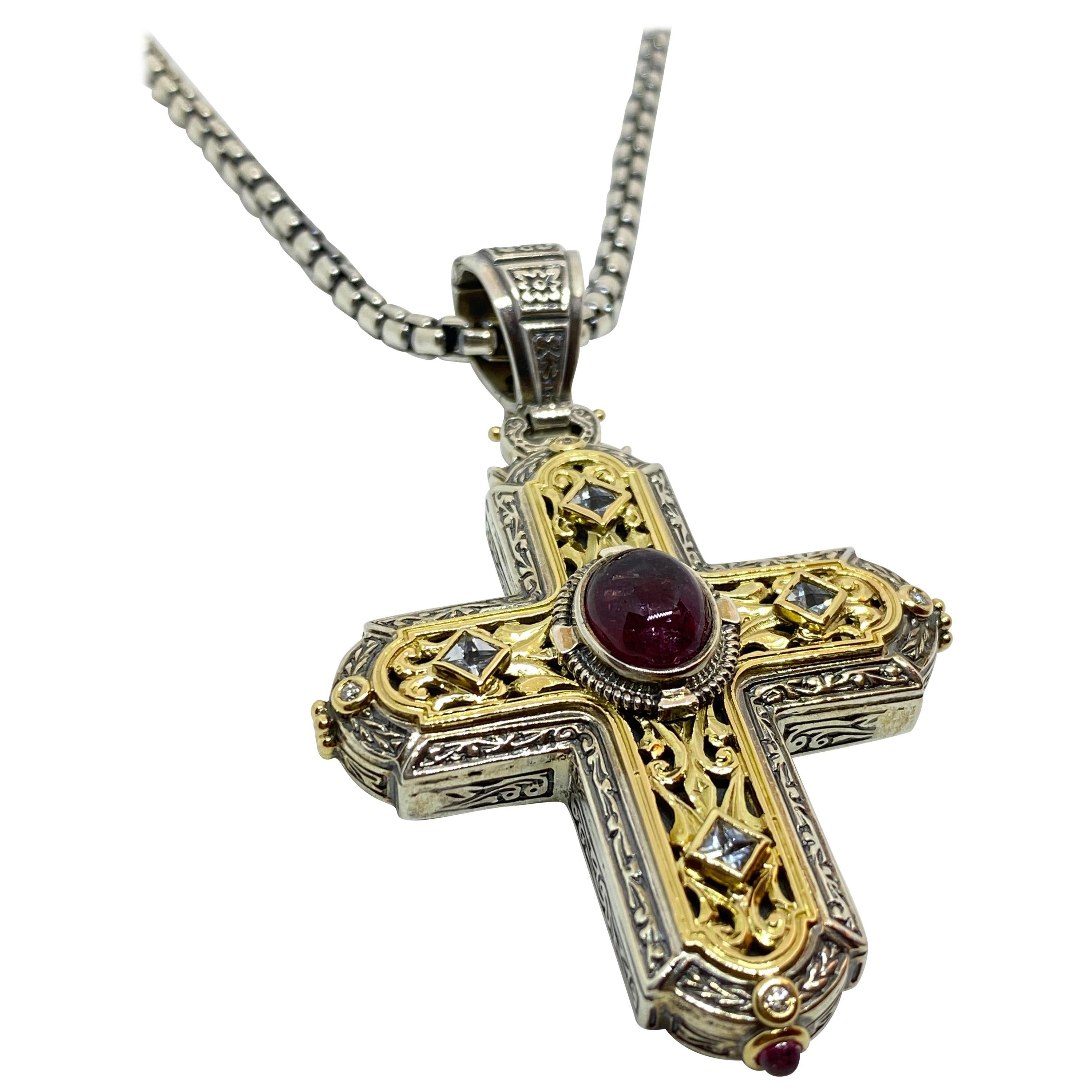Georgios Collections 18 Karat Gold and Silver Diamond and Ruby Cross Pendant