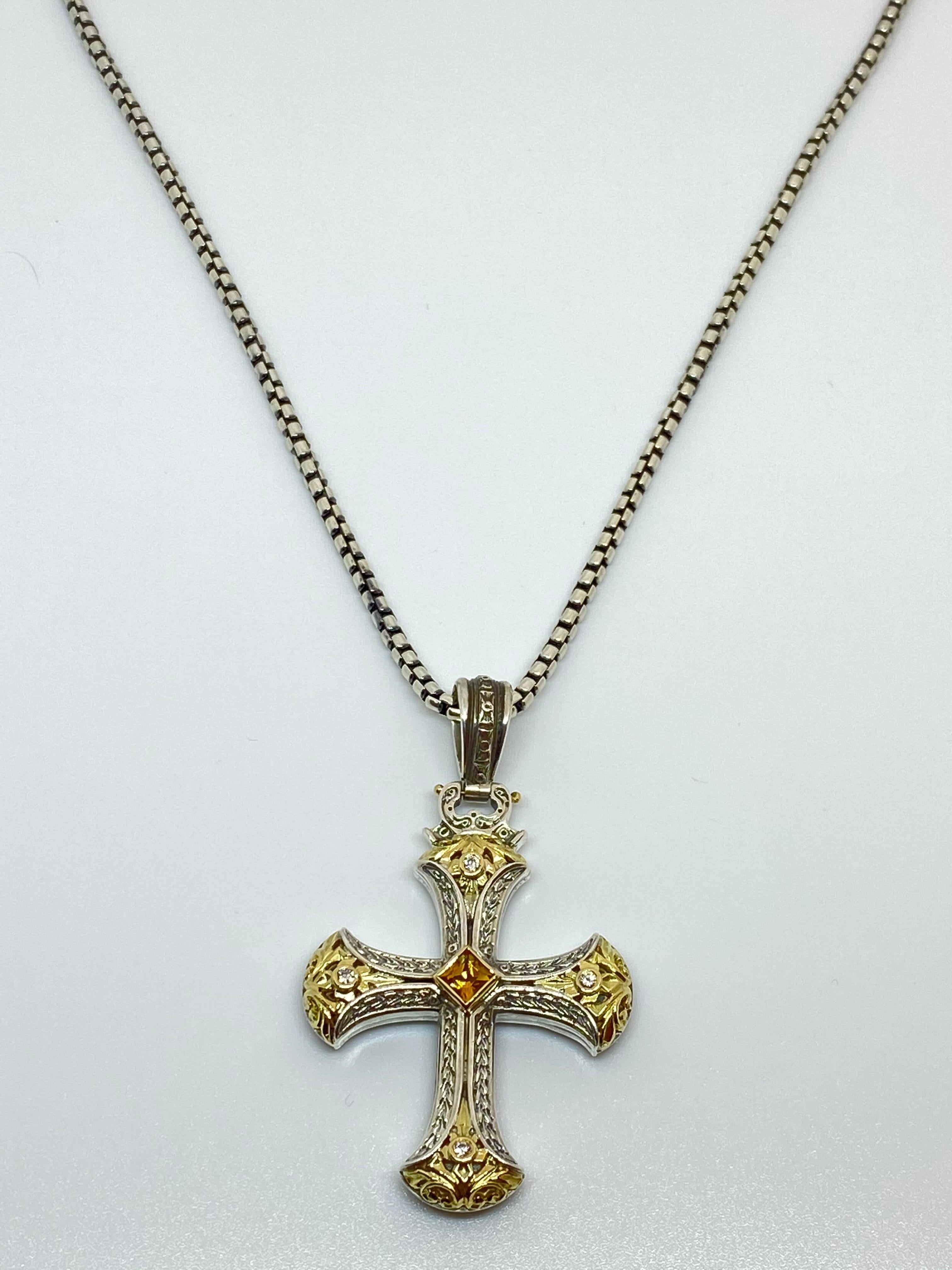 Georgios Collections 18 Karat Gold and Silver Diamond and Sapphire Cross Pendant For Sale 6