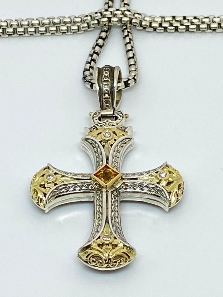 Georgios Collections 18 Karat Gold and Silver Diamond and Sapphire Cross Pendant For Sale 4
