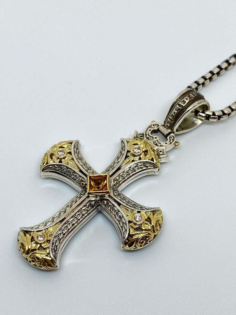 Georgios Collections 18 Karat Gold and Silver Diamond and Sapphire Cross Pendant For Sale 7