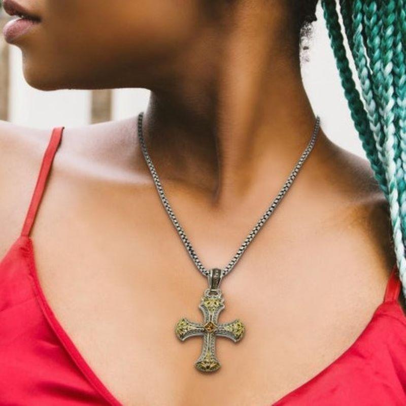 Ciondolo a croce con diamante e zaffiro in oro e argento 18 carati Georgios Collections in vendita 8