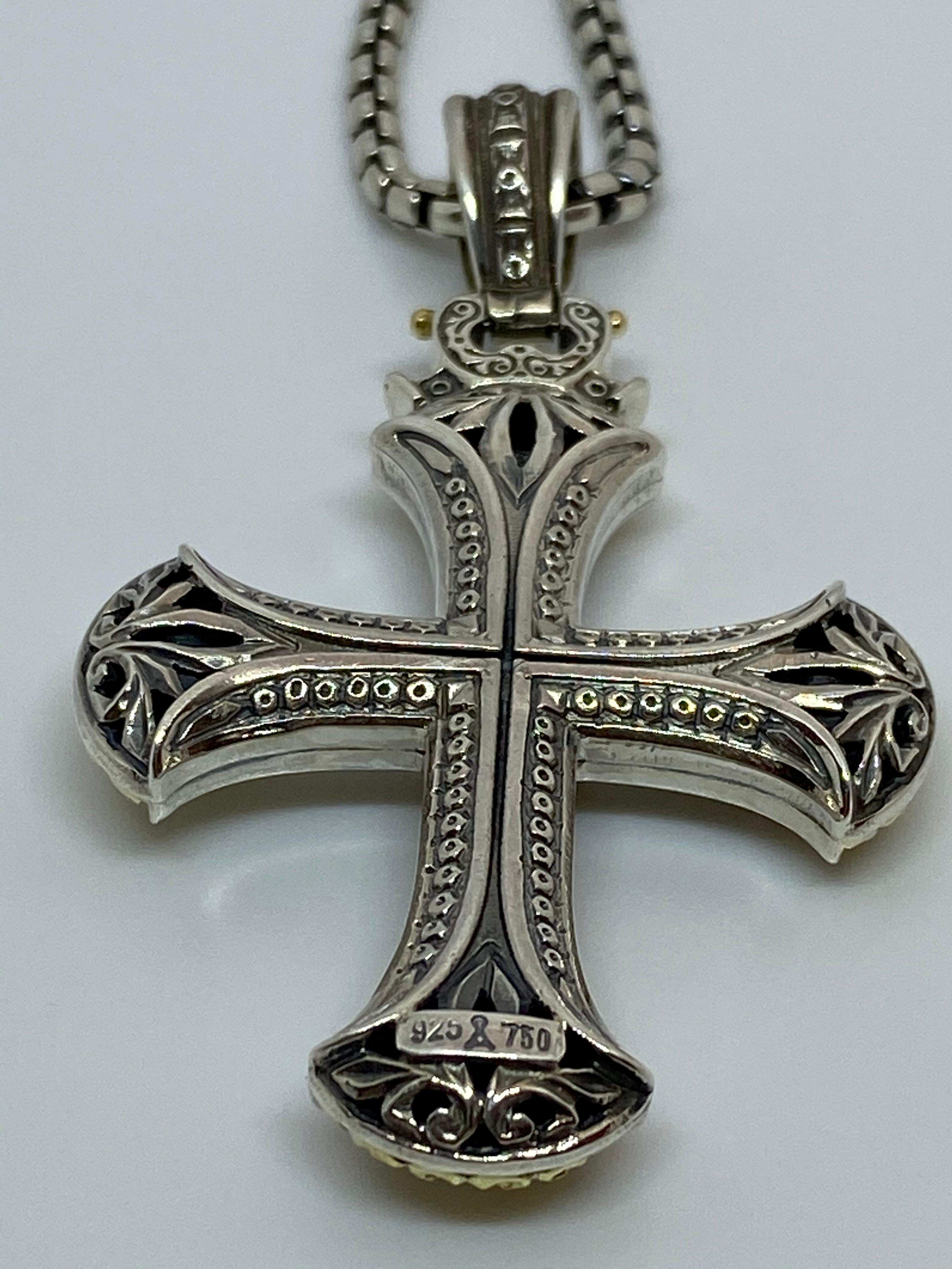 Women's or Men's Georgios Collections 18 Karat Gold and Silver Diamond and Sapphire Cross Pendant For Sale