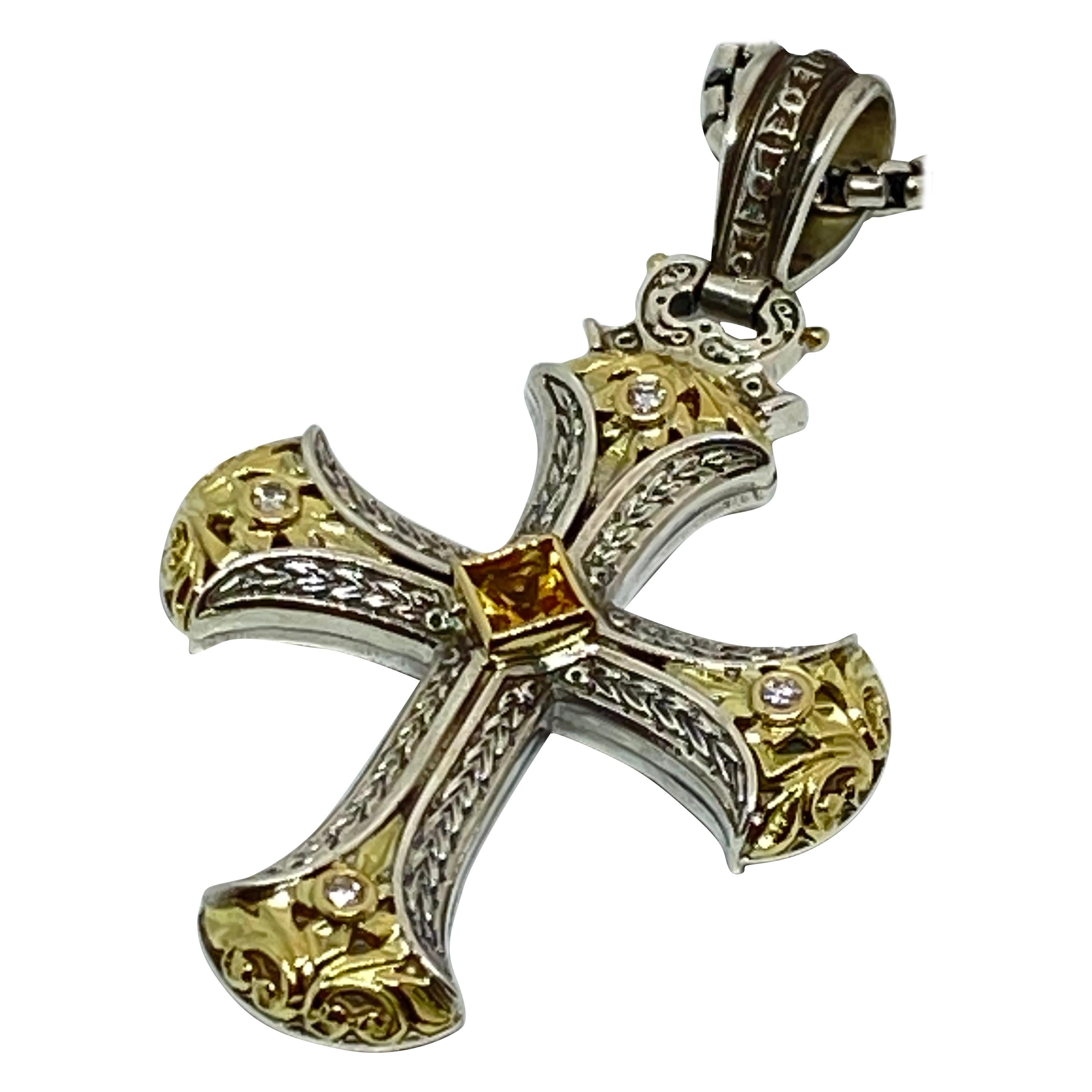Georgios Collections 18 Karat Gold and Silver Diamond and Sapphire Cross Pendant