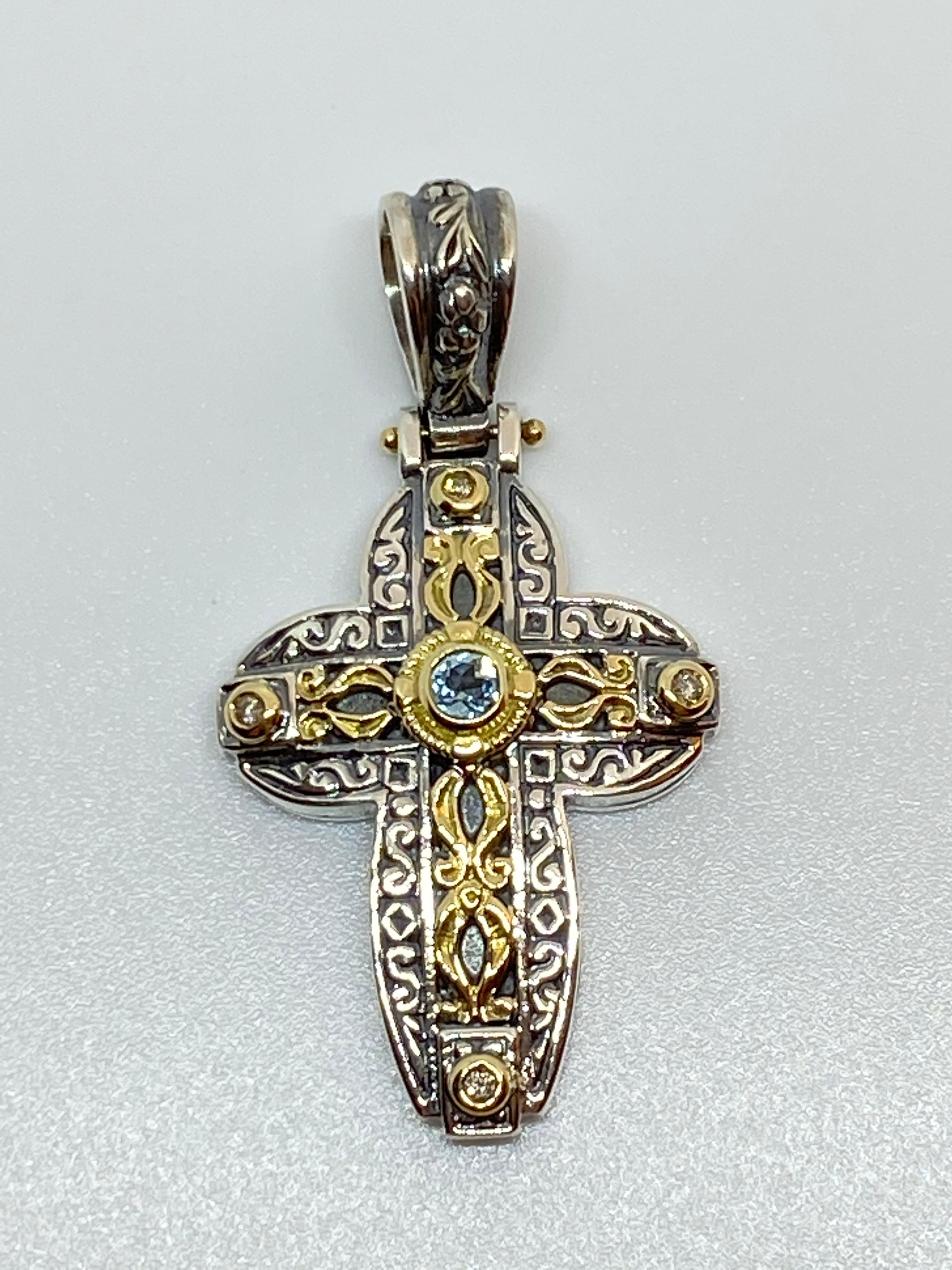 Georgios Collections 18 Karat Gold and Silver Diamond and Topaz Cross Pendant For Sale 6