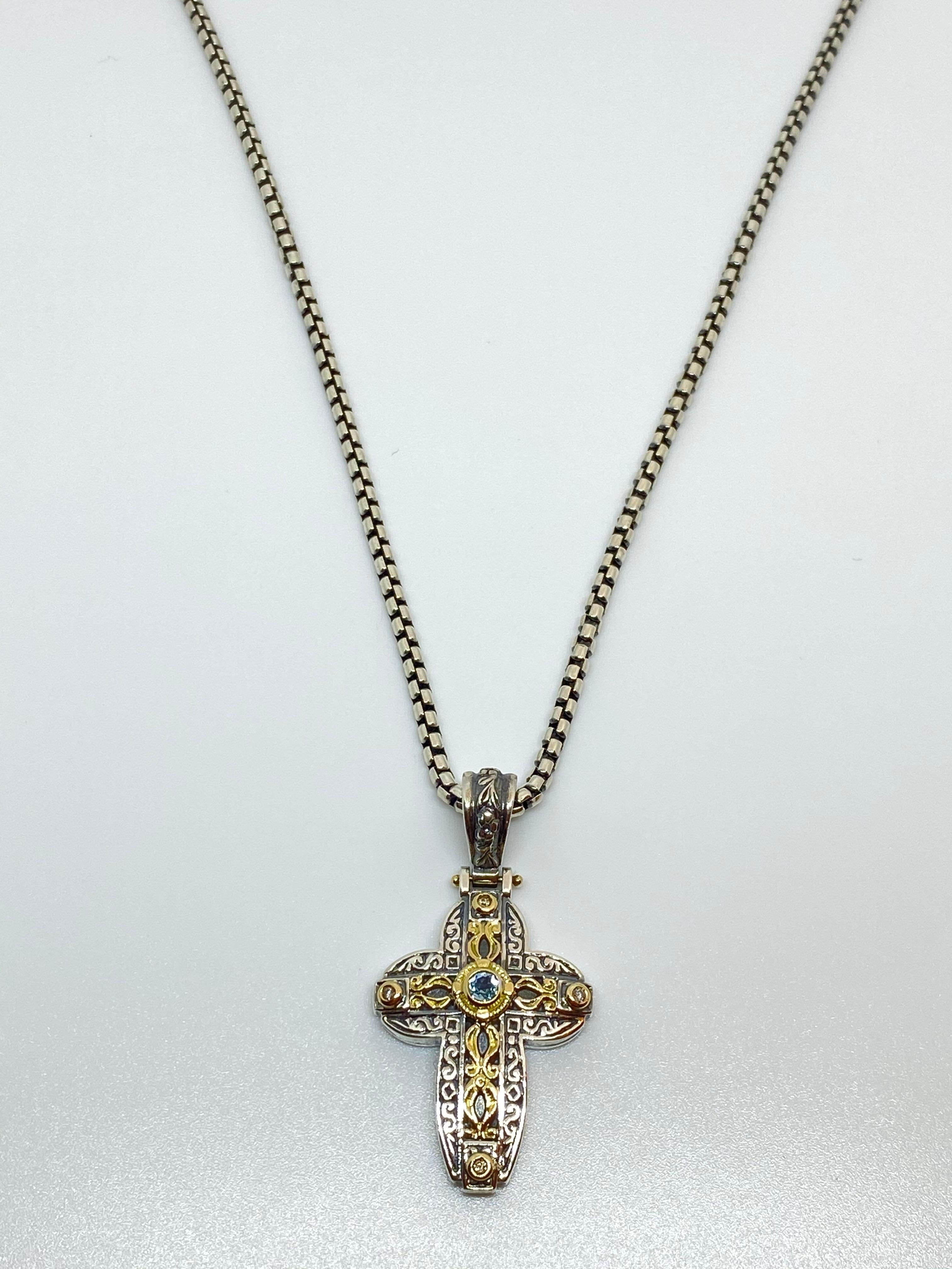Georgios Collections 18 Karat Gold and Silver Diamond and Topaz Cross Pendant For Sale 8