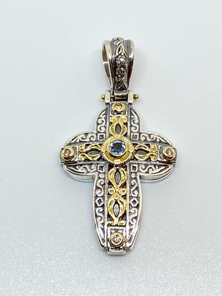 Georgios Collections 18 Karat Gold and Silver Diamond and Topaz Cross Pendant For Sale 9