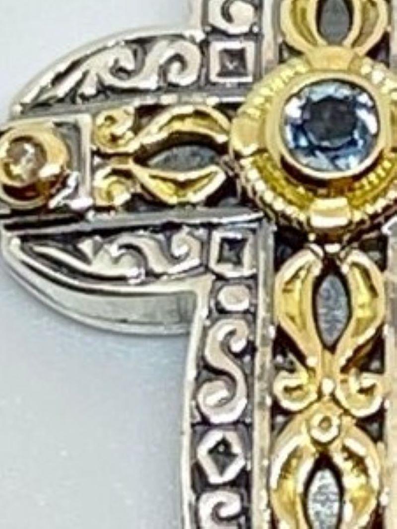 Women's or Men's Georgios Collections 18 Karat Gold and Silver Diamond and Topaz Cross Pendant For Sale