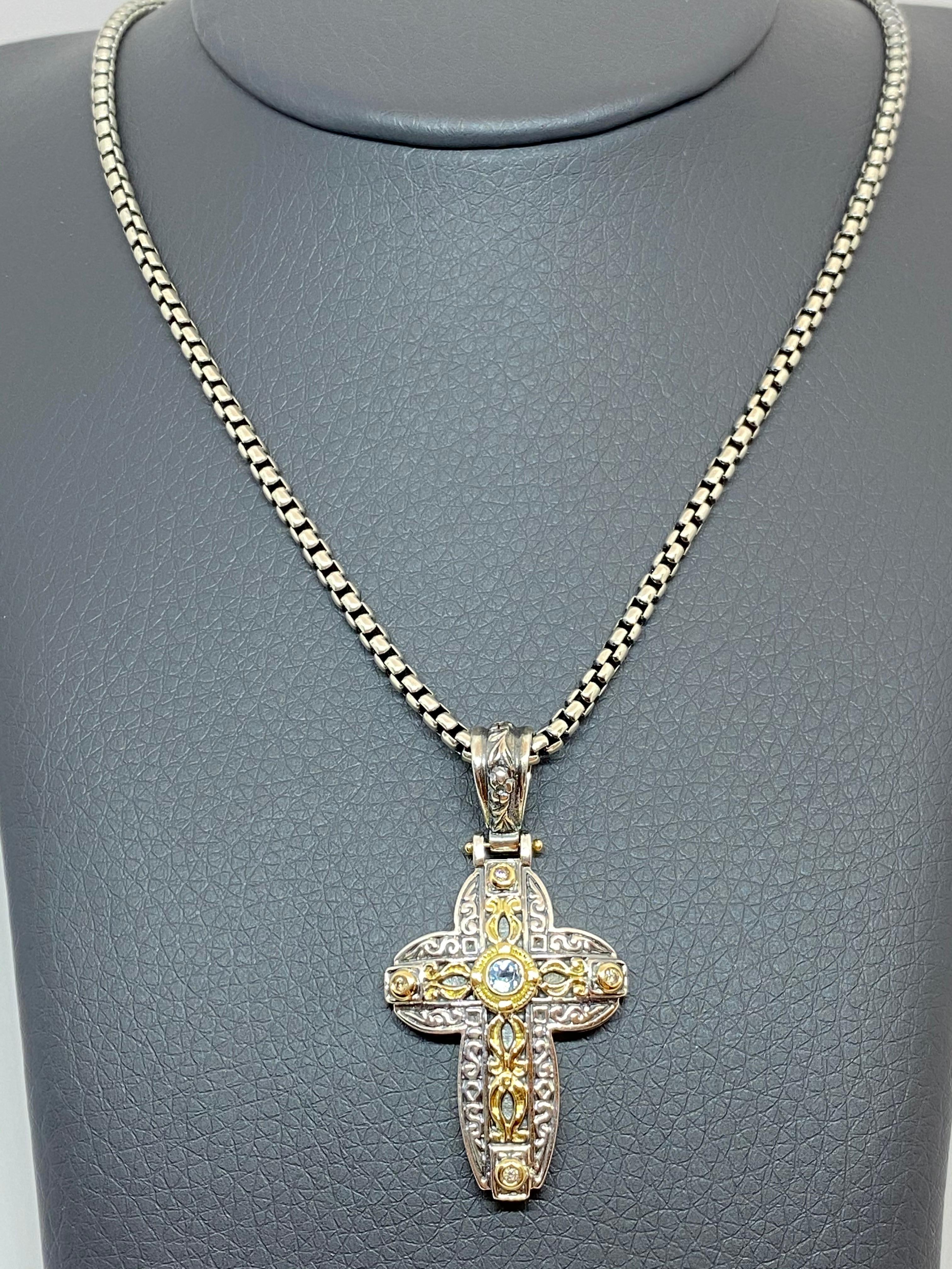 Georgios Collections 18 Karat Gold and Silver Diamond and Topaz Cross Pendant For Sale 2