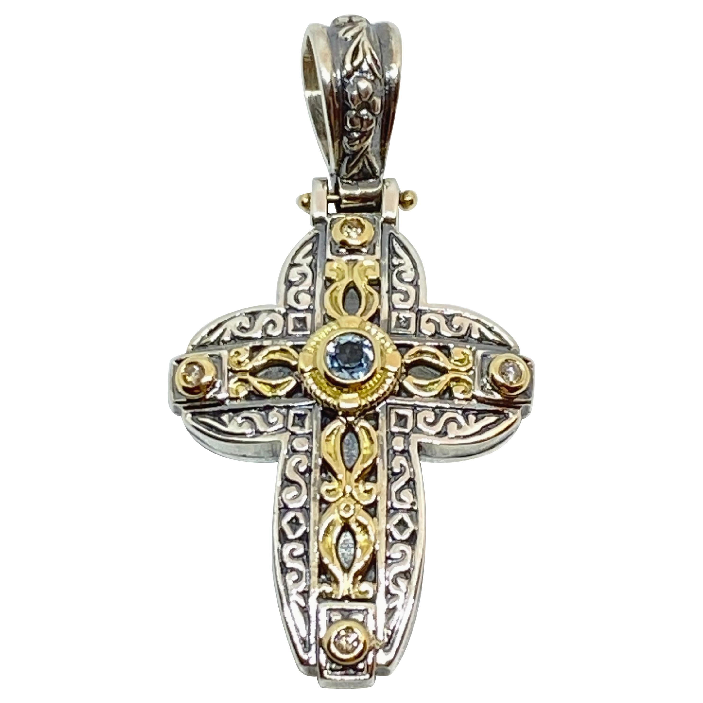 Georgios Collections 18 Karat Gold and Silver Diamond and Topaz Cross Pendant