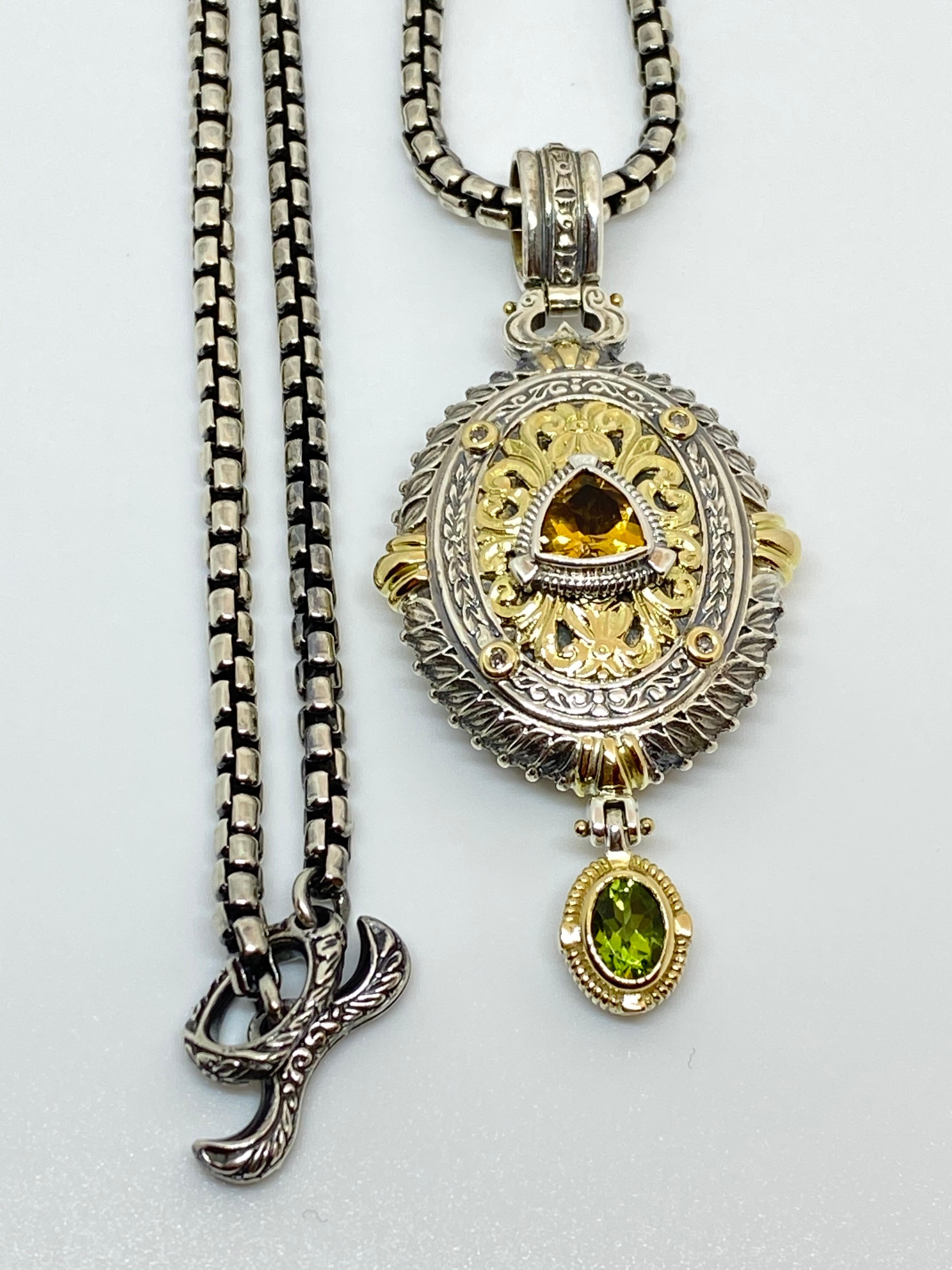 Trillion Cut Georgios Collections 18 Karat Gold and Silver Diamond Citrine Peridot Pendant For Sale