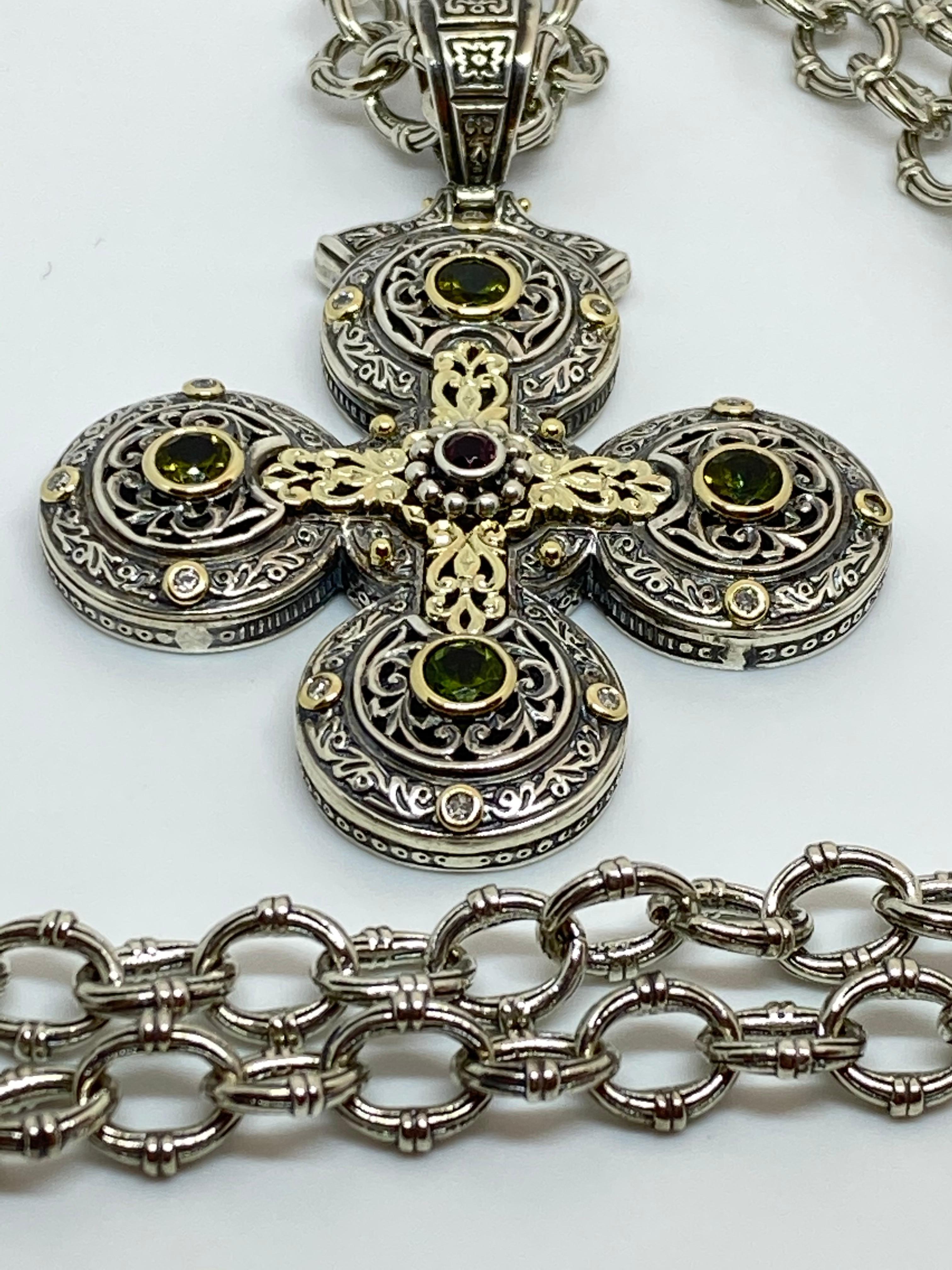Georgios Collections 18 Karat Gold and Silver Diamond Sapphire Tourmaline Cross For Sale 4