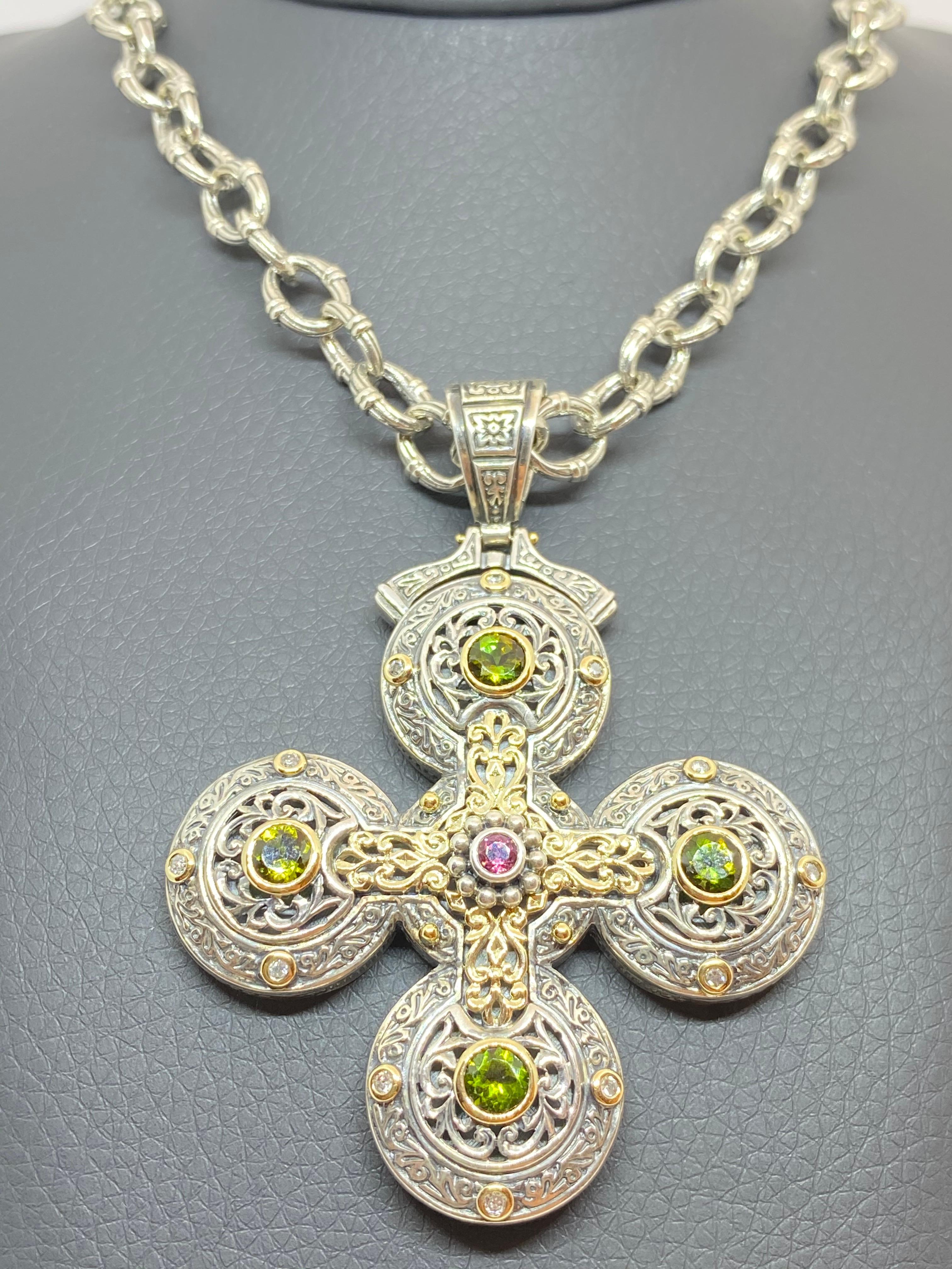 Byzantine Georgios Collections 18 Karat Gold and Silver Diamond Sapphire Tourmaline Cross For Sale