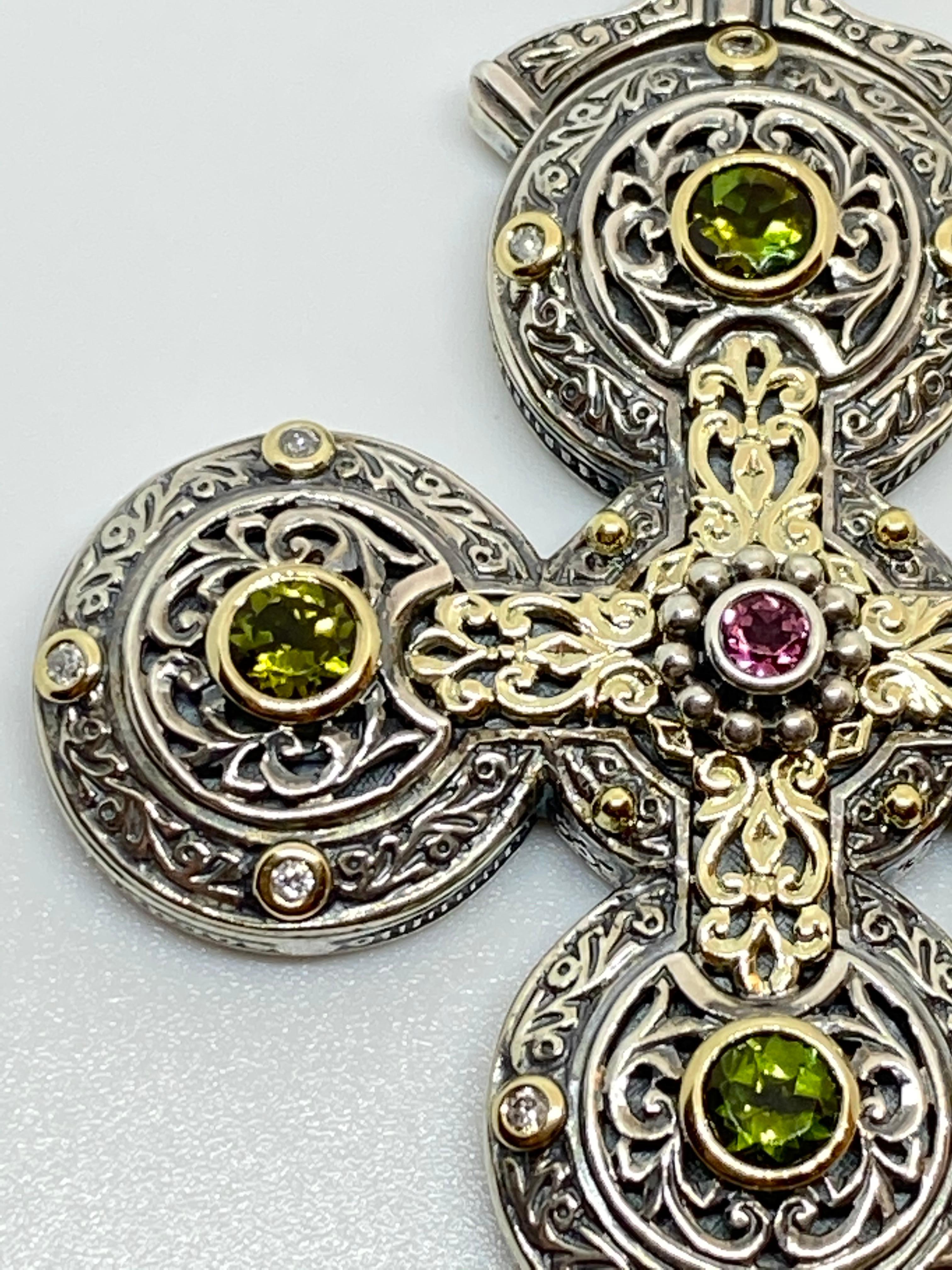Women's or Men's Georgios Collections 18 Karat Gold and Silver Diamond Sapphire Tourmaline Cross For Sale