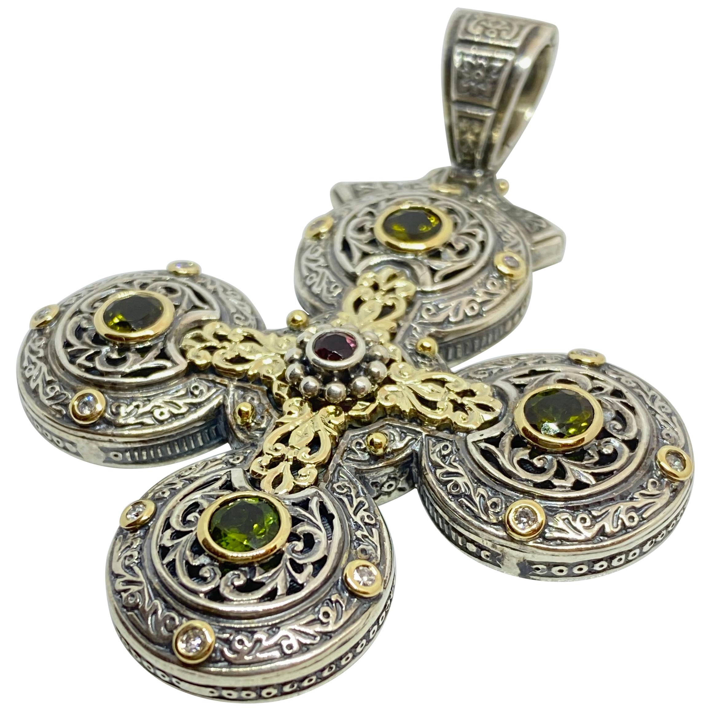 Georgios Collections 18 Karat Gold and Silver Diamond Sapphire Tourmaline Cross For Sale