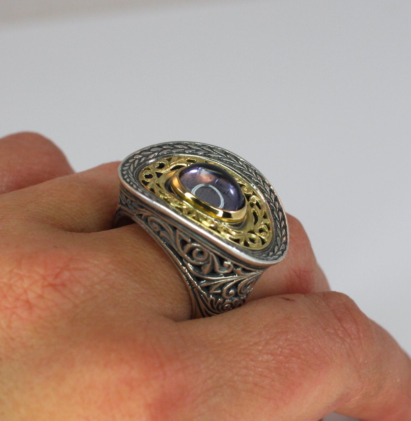 Byzantine Georgios Collections 18 Karat Solid Gold and Silver Two-Tone Wide Amethyst Ring For Sale