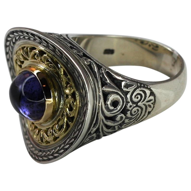 Georgios Collections: 18 Karat massives Gold und Silber zweifarbiger breiter Amethystring