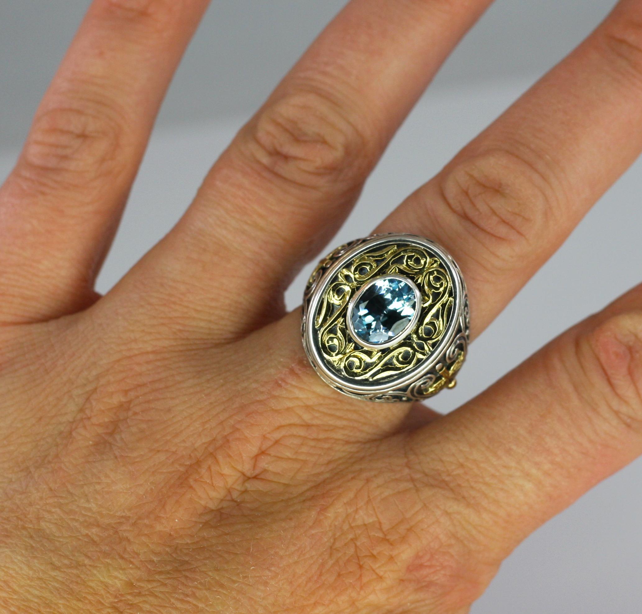 Georgios Collections Granulierter Ring aus 18 Karat Gold und Silber mit blauem Topas im Angebot 6