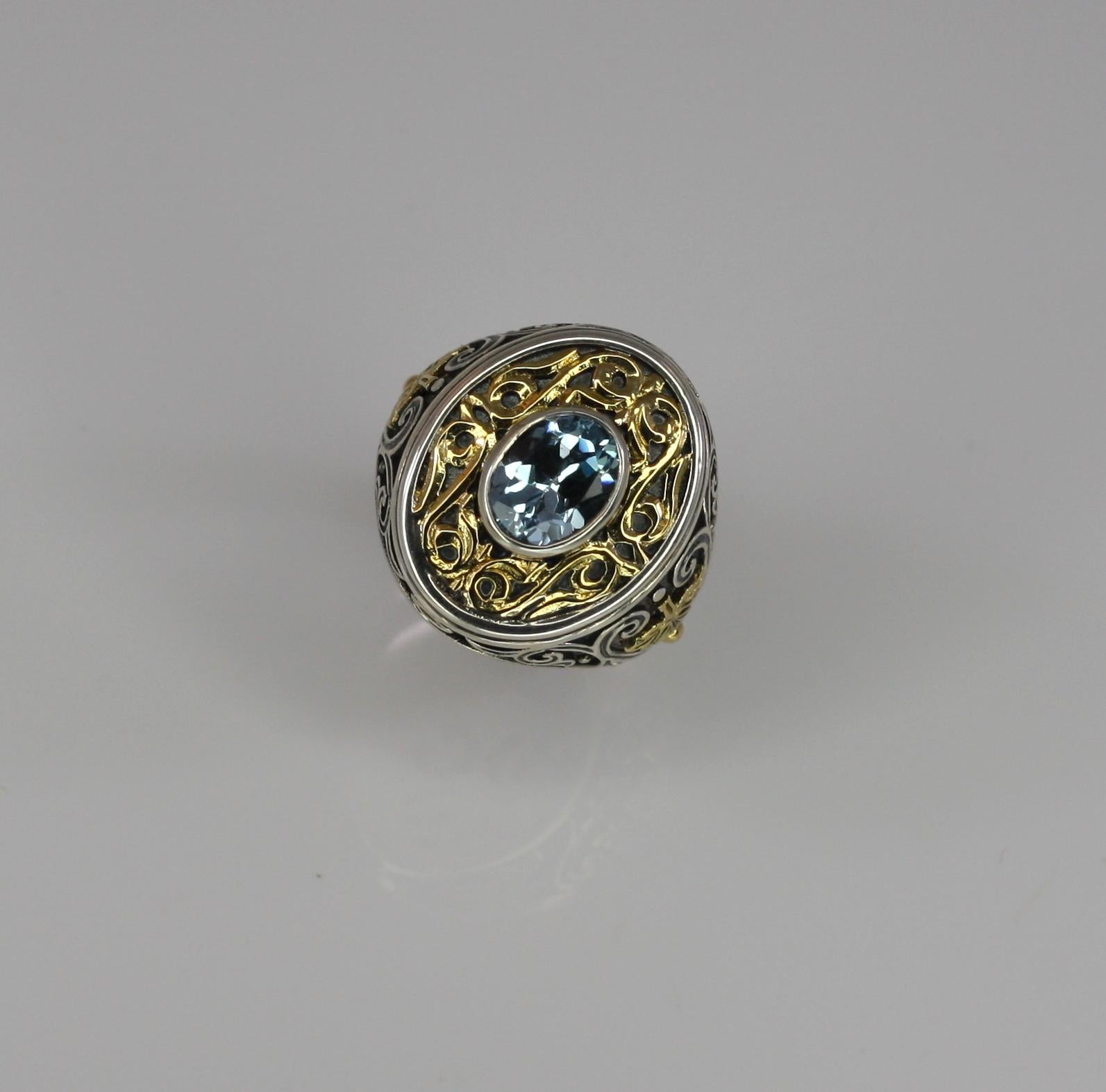 Georgios Collections Granulierter Ring aus 18 Karat Gold und Silber mit blauem Topas im Angebot 7