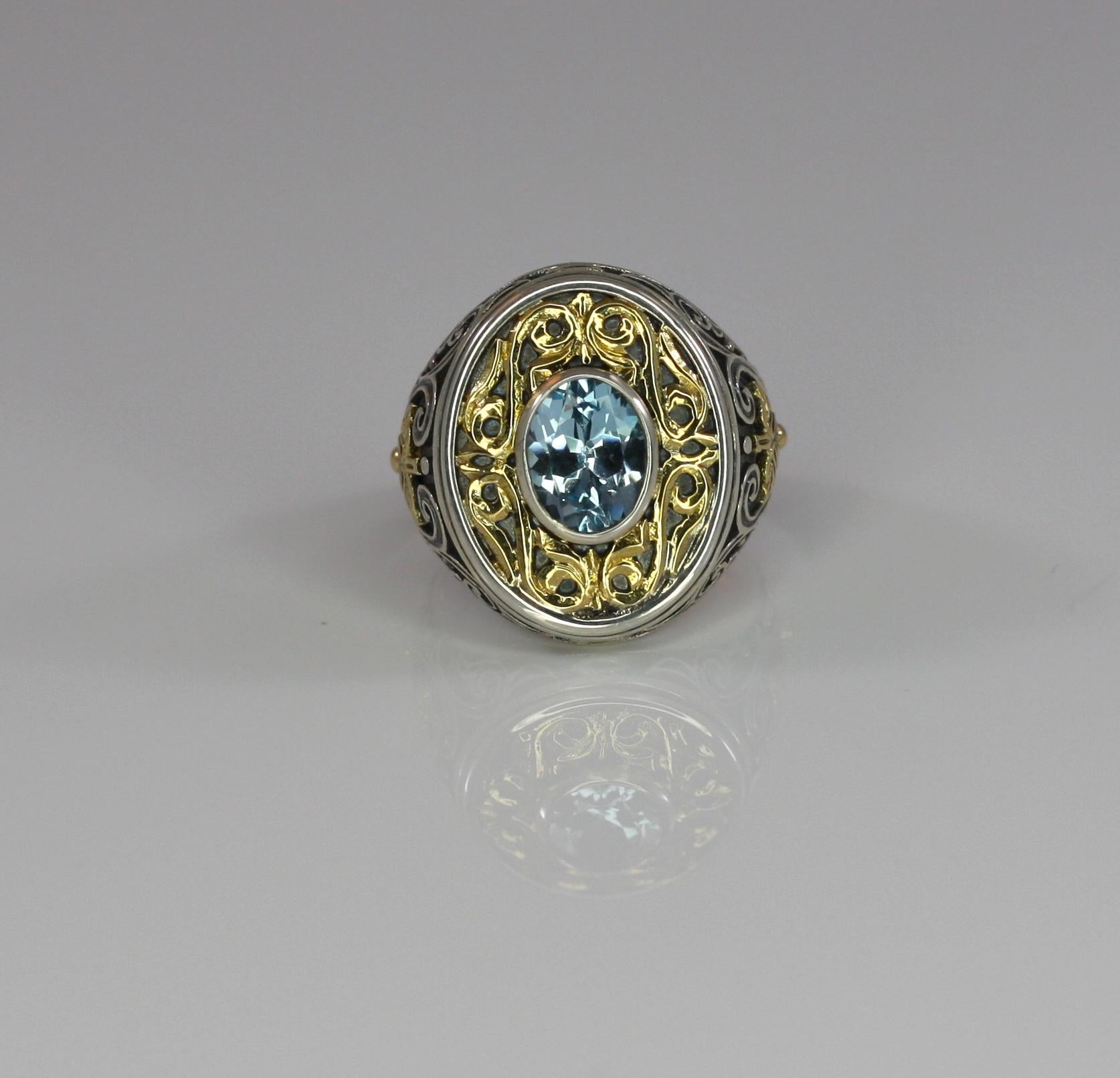 Georgios Collections Granulierter Ring aus 18 Karat Gold und Silber mit blauem Topas (Ovalschliff) im Angebot