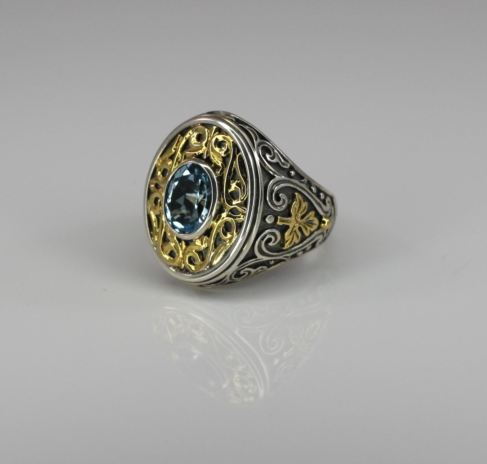 Georgios Collections 18 Karat Gold and Silver Blue Topaz Granulated Band Ring In New Condition For Sale In Astoria, NY