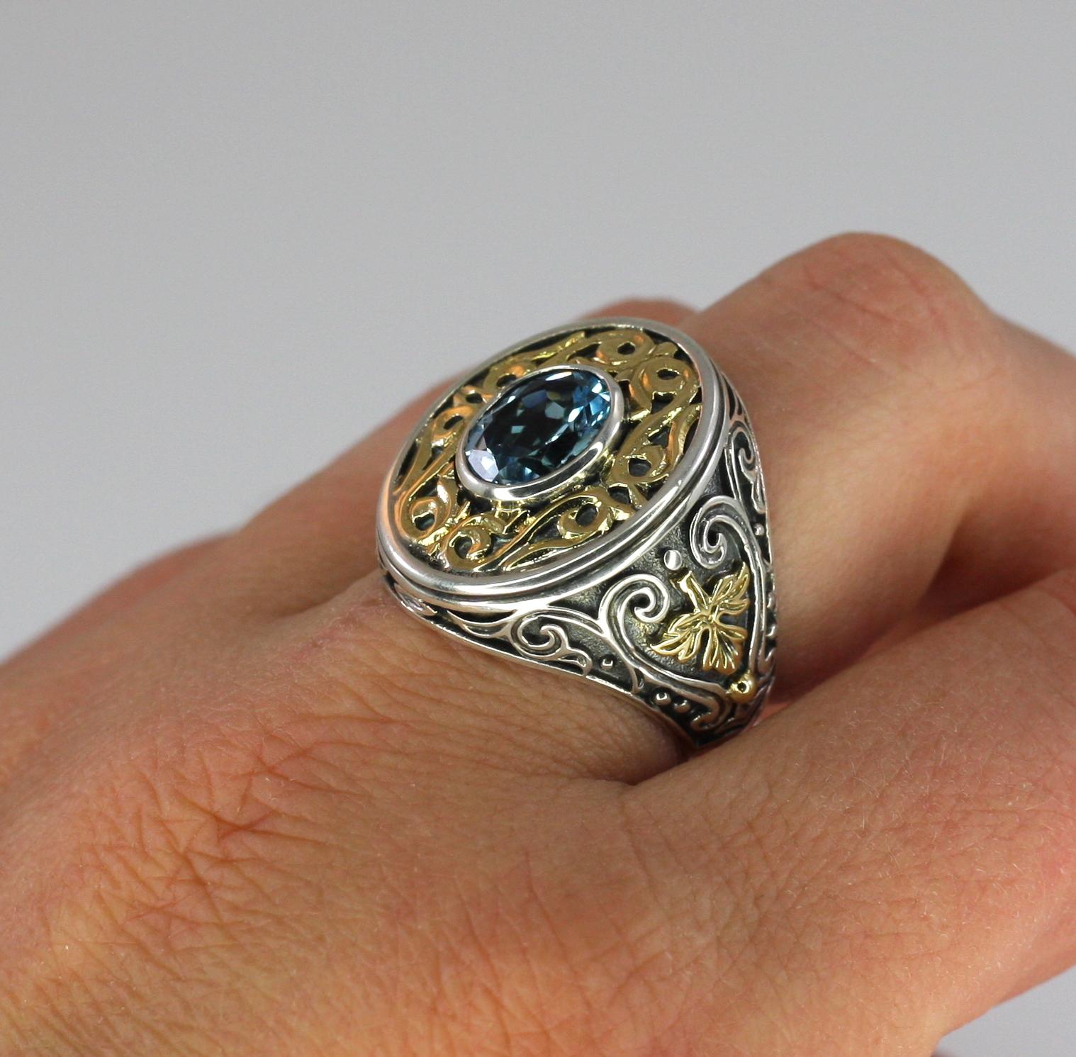 Georgios Collections Granulierter Ring aus 18 Karat Gold und Silber mit blauem Topas im Angebot 3