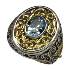 Georgios Collections Bague à anneau granulé en or 18 carats et argent avec topaze bleue