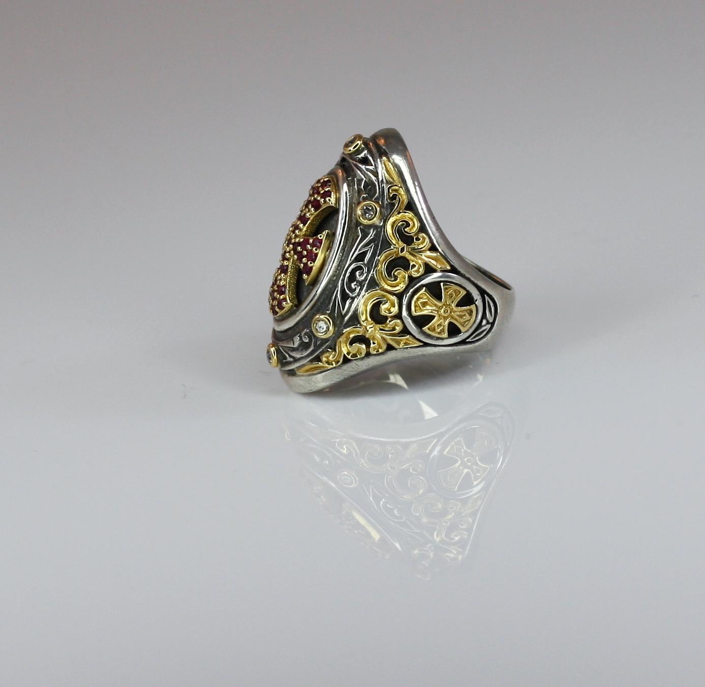 Georgios Collections 18 Karat Gold and Silver Cross Ring with Diamonds and Rubys In New Condition In Astoria, NY