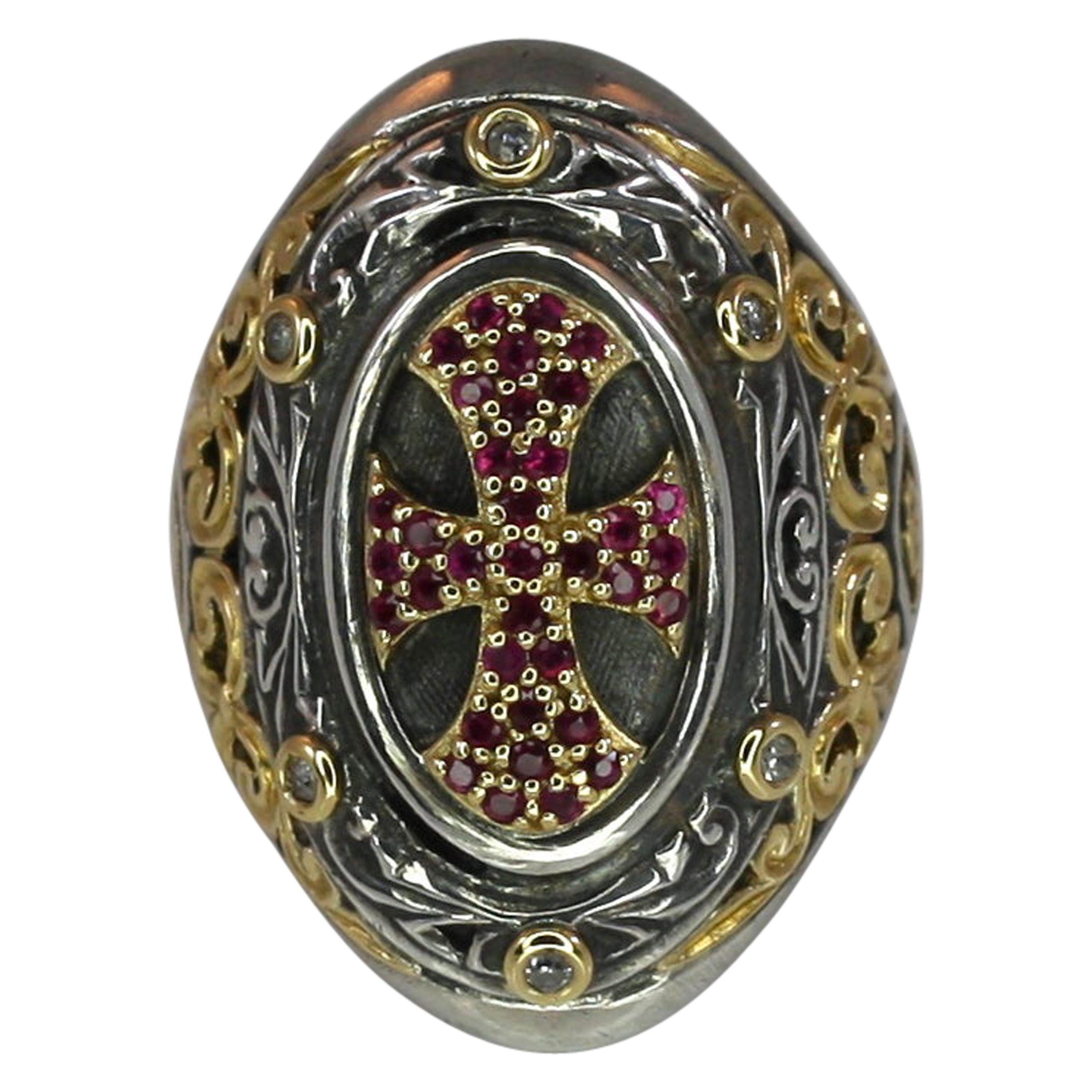 Georgios Collections 18 Karat Gold and Silver Cross Ring with Diamonds and Rubys