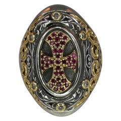 Georgios Collections 18 Karat Gold and Silver Cross Ring with Diamonds and Rubys