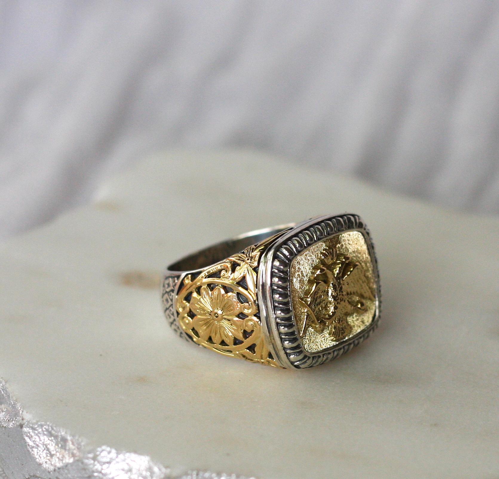 Georgios Collections 18 Karat Gold and Silver Ring with Double Headed Eagle In New Condition In Astoria, NY