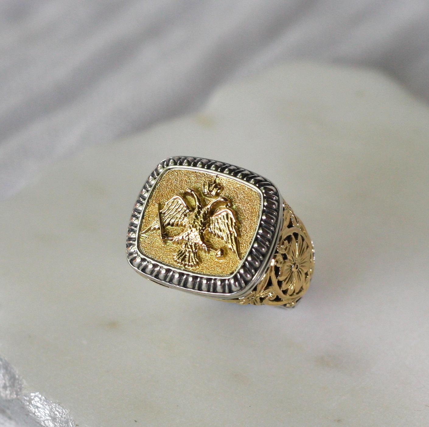Men's Georgios Collections 18 Karat Gold and Silver Ring with Double Headed Eagle