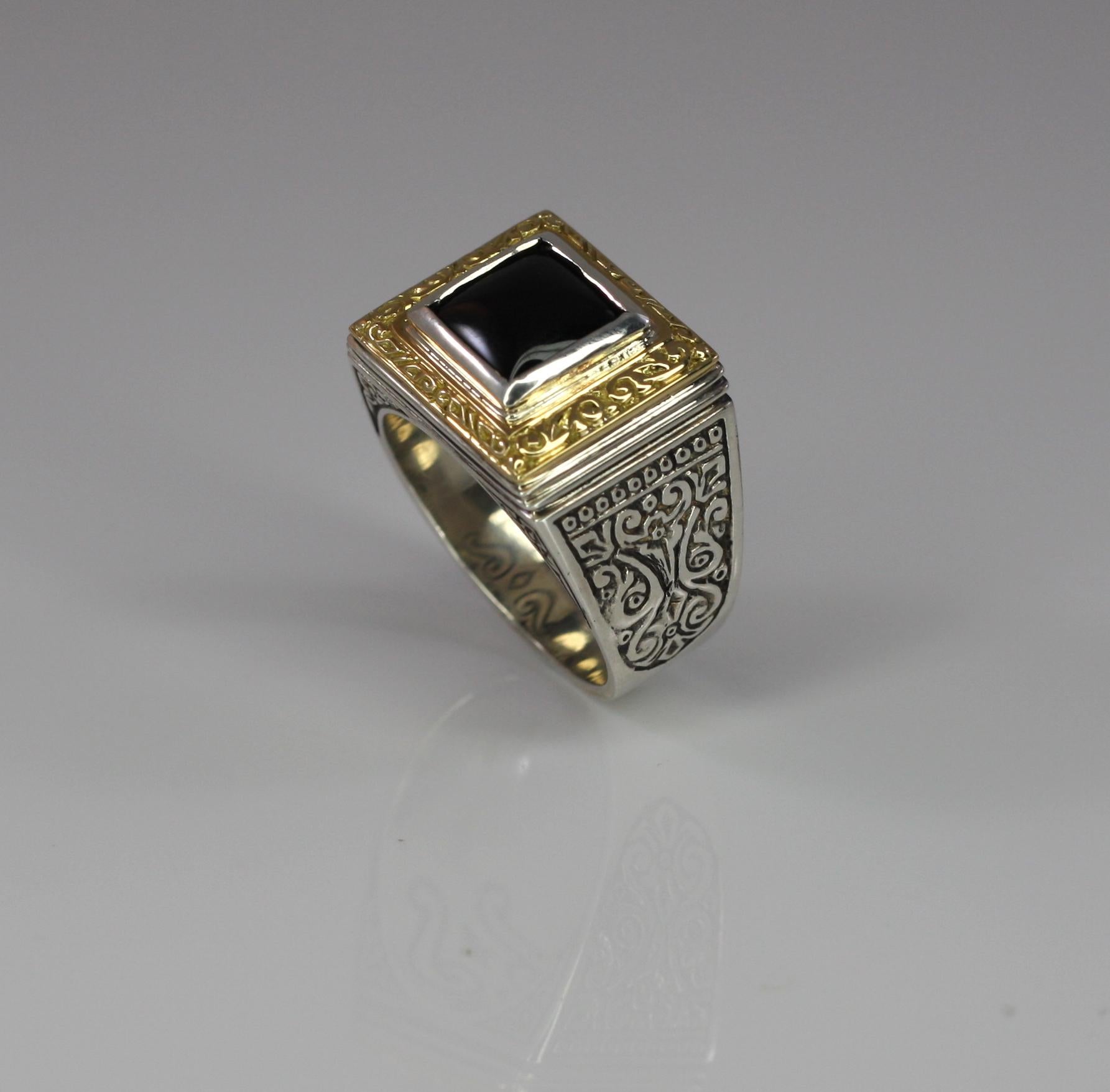 Contemporary Georgios Collections 18 Karat Gold and Silver Mens Two-Tone Ring with Onyx For Sale