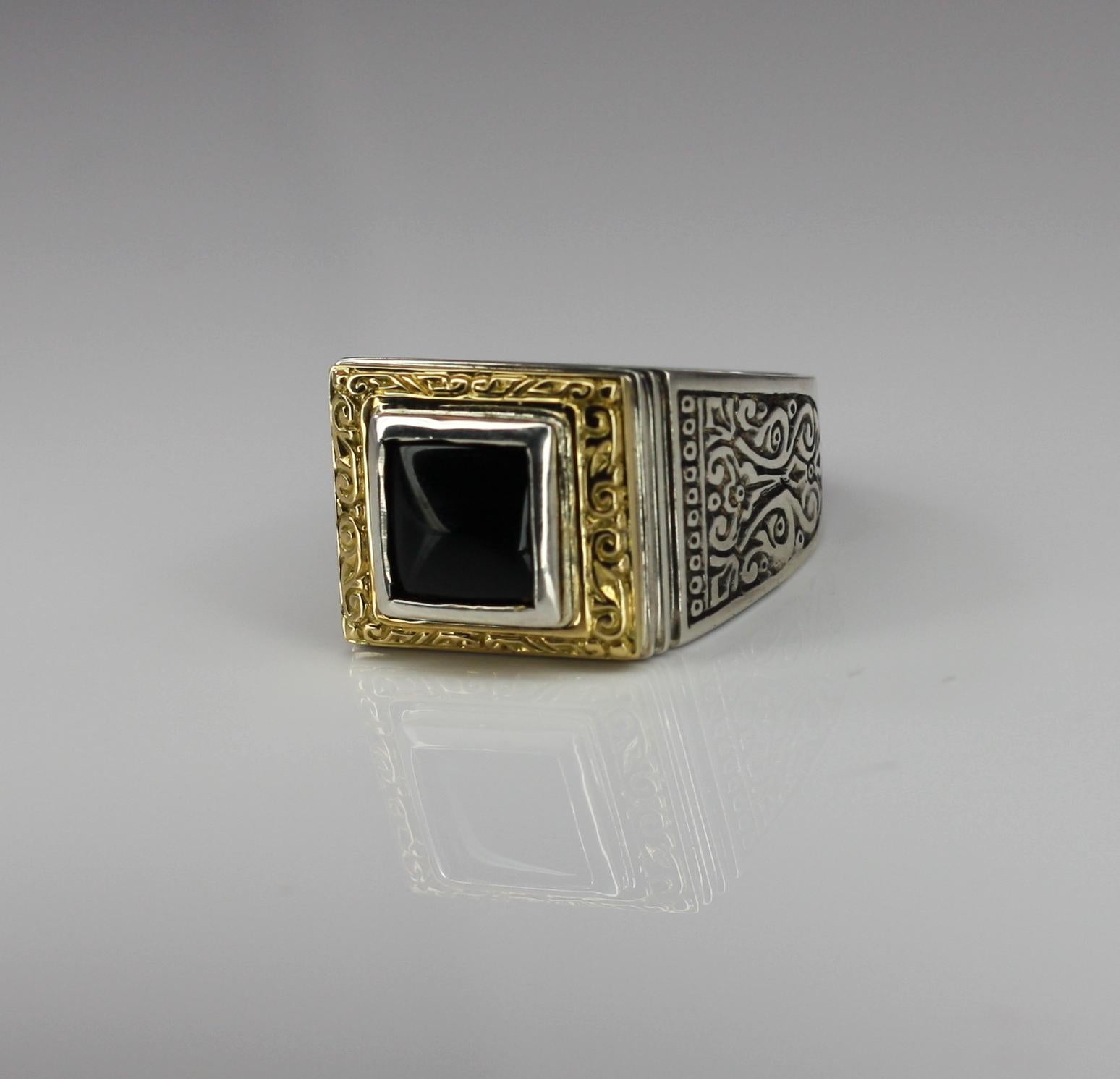 Georgios Collections 18 Karat Gold and Silver Mens Two-Tone Ring with Onyx In New Condition For Sale In Astoria, NY