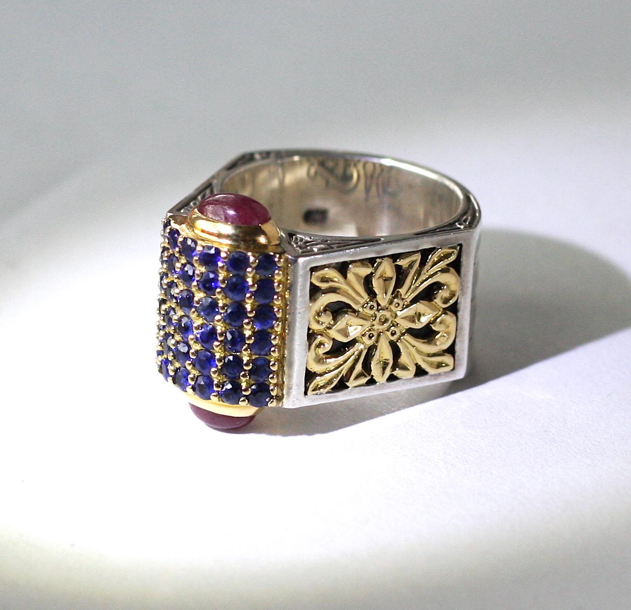 Georgios Collections 18 Karat Gold and Silver Ring with Sapphire and Tourmalines For Sale 5